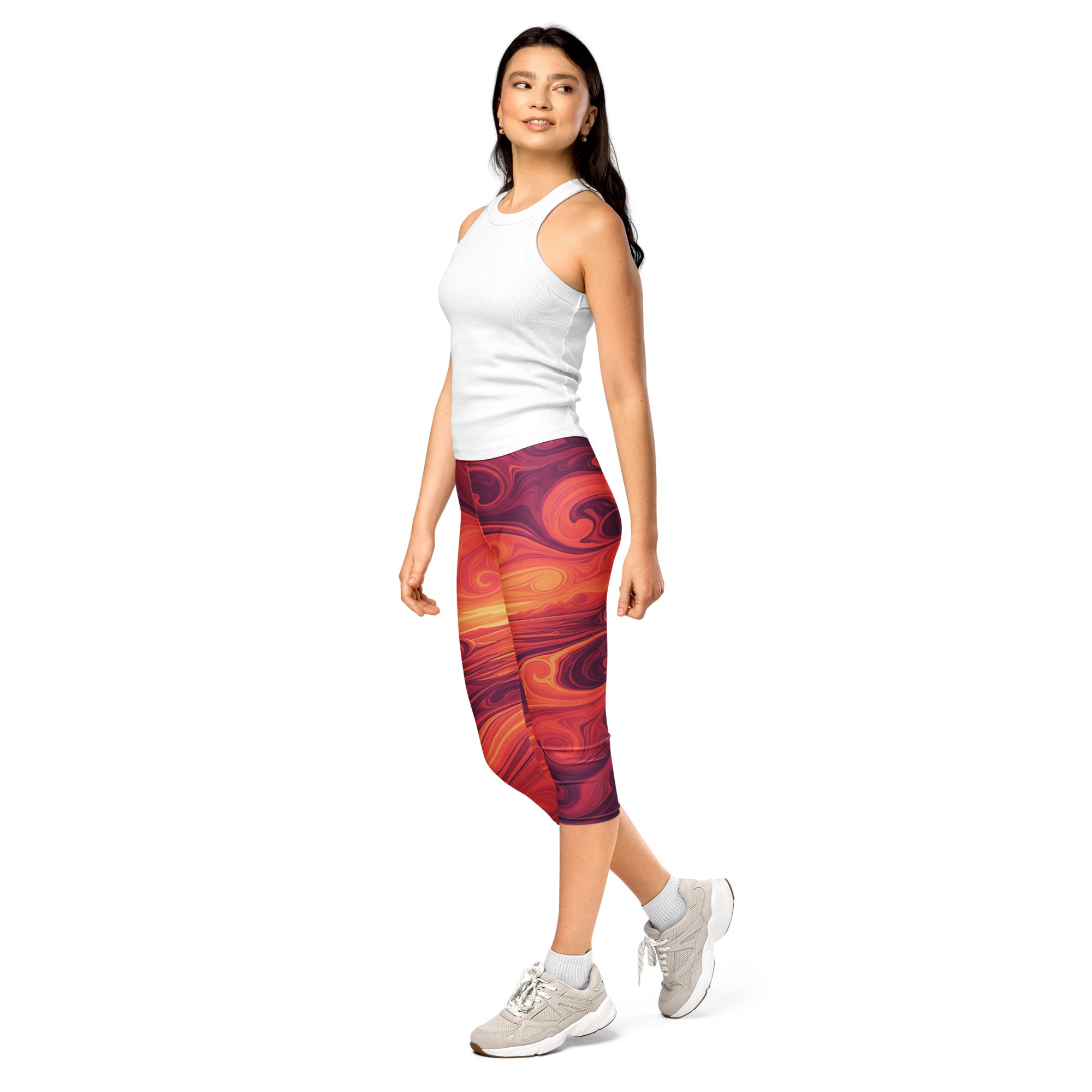 Women's liquid marble sunset printed capris front view