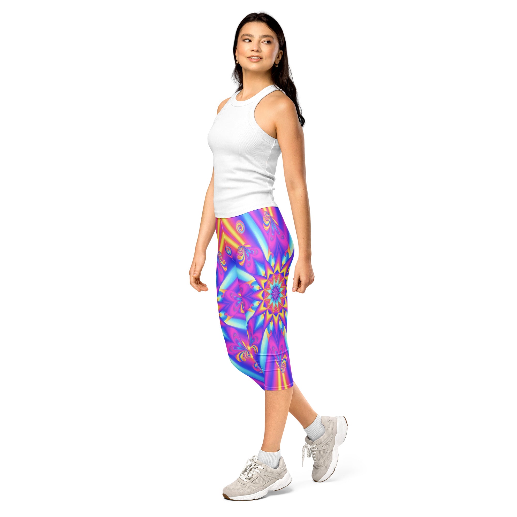 Women's psychedelic candy rave printed capris front view