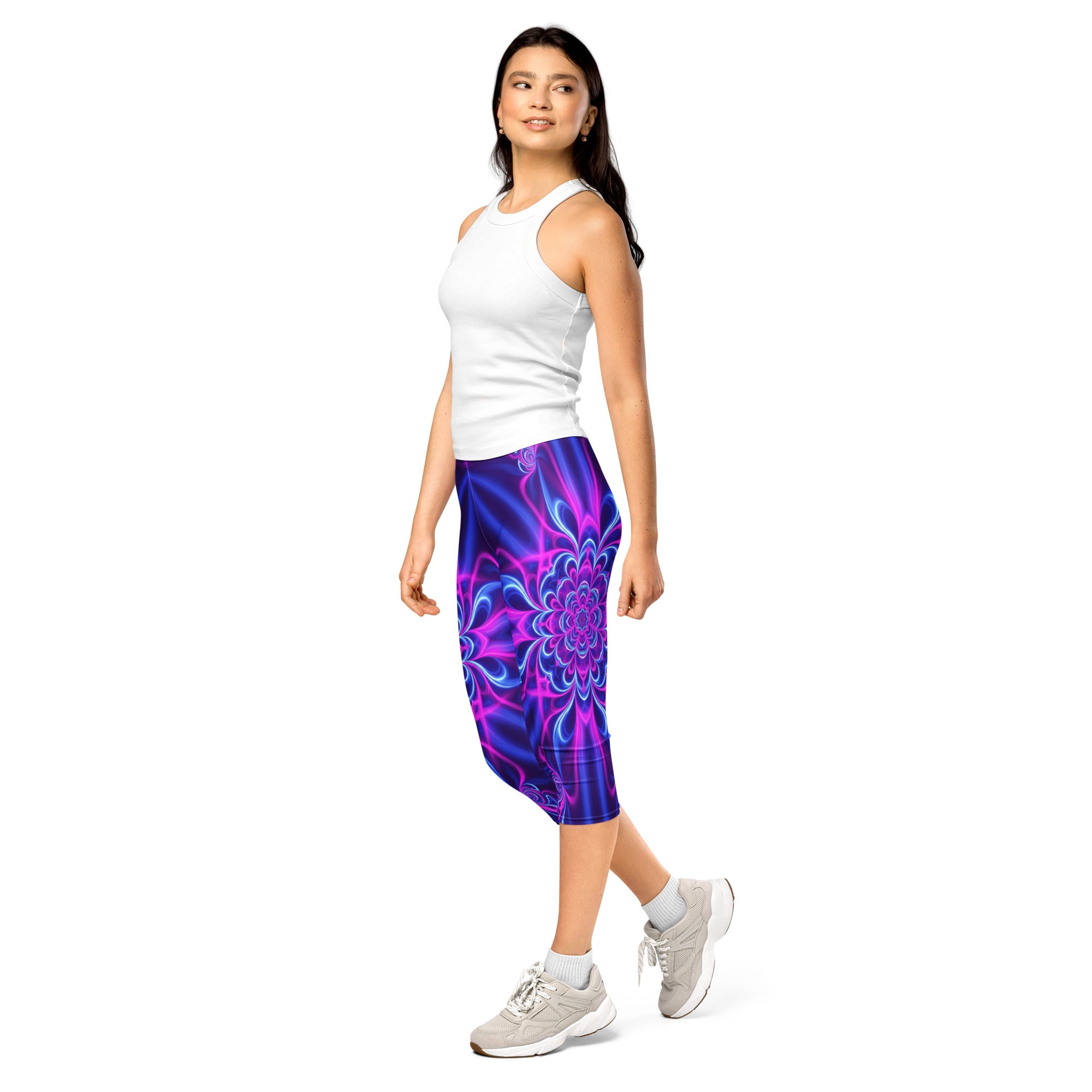 Women's psychedelic ultraviolet bloom capri leggings front view