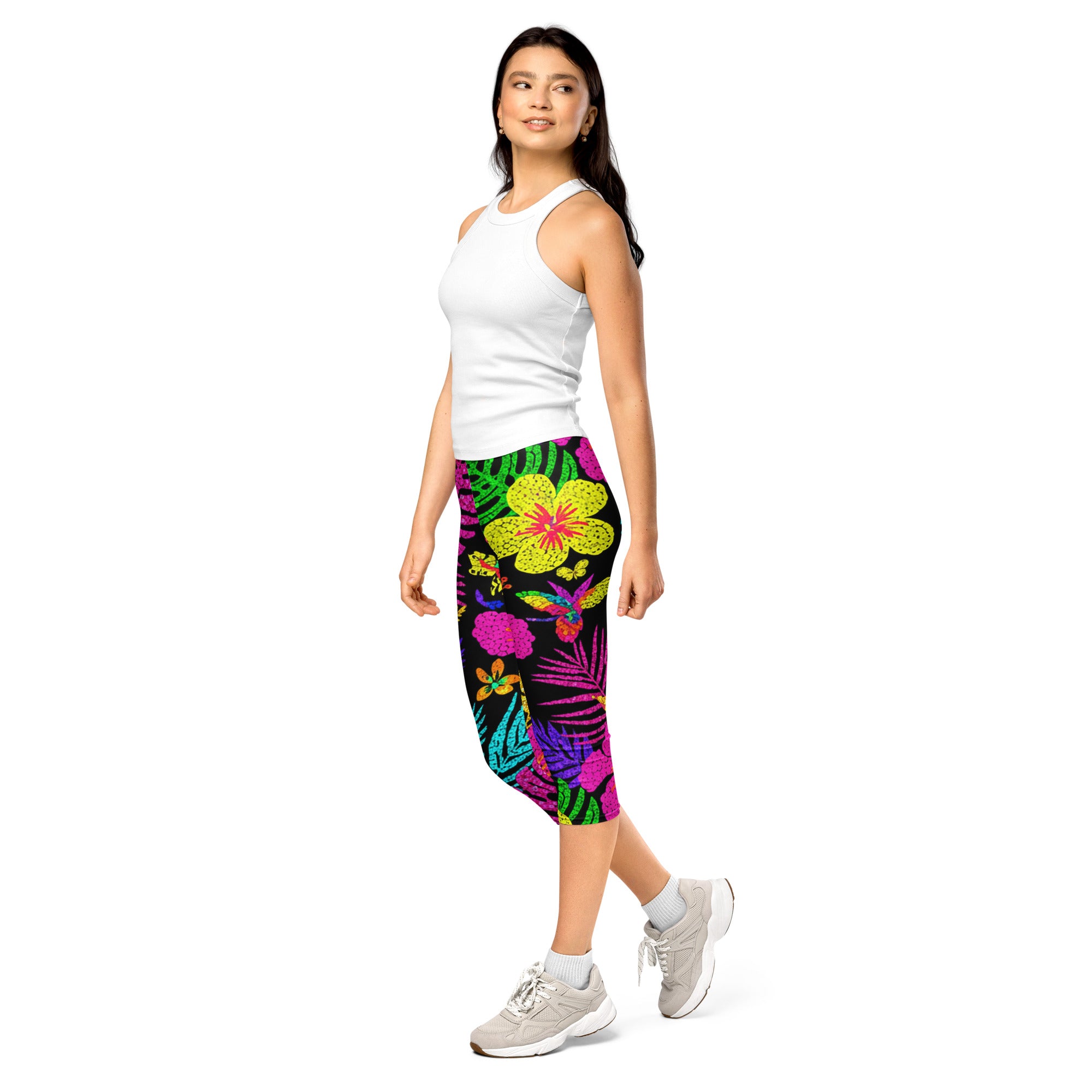 Women's rainbow tropical capri leggings front view