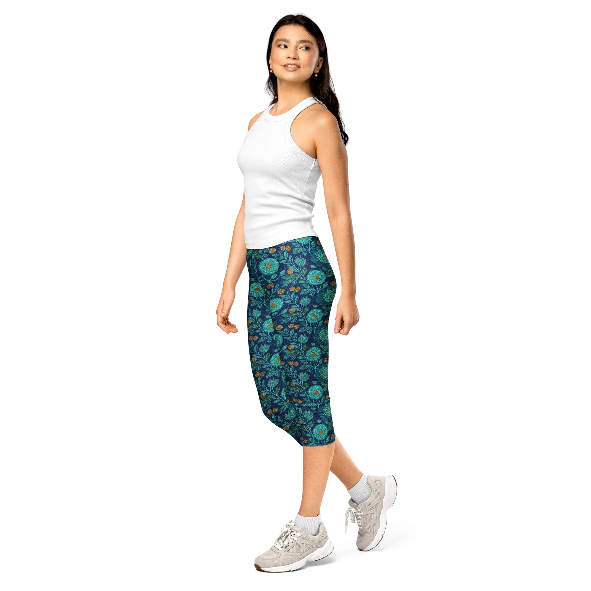 Women's teal lotus garden capris front view