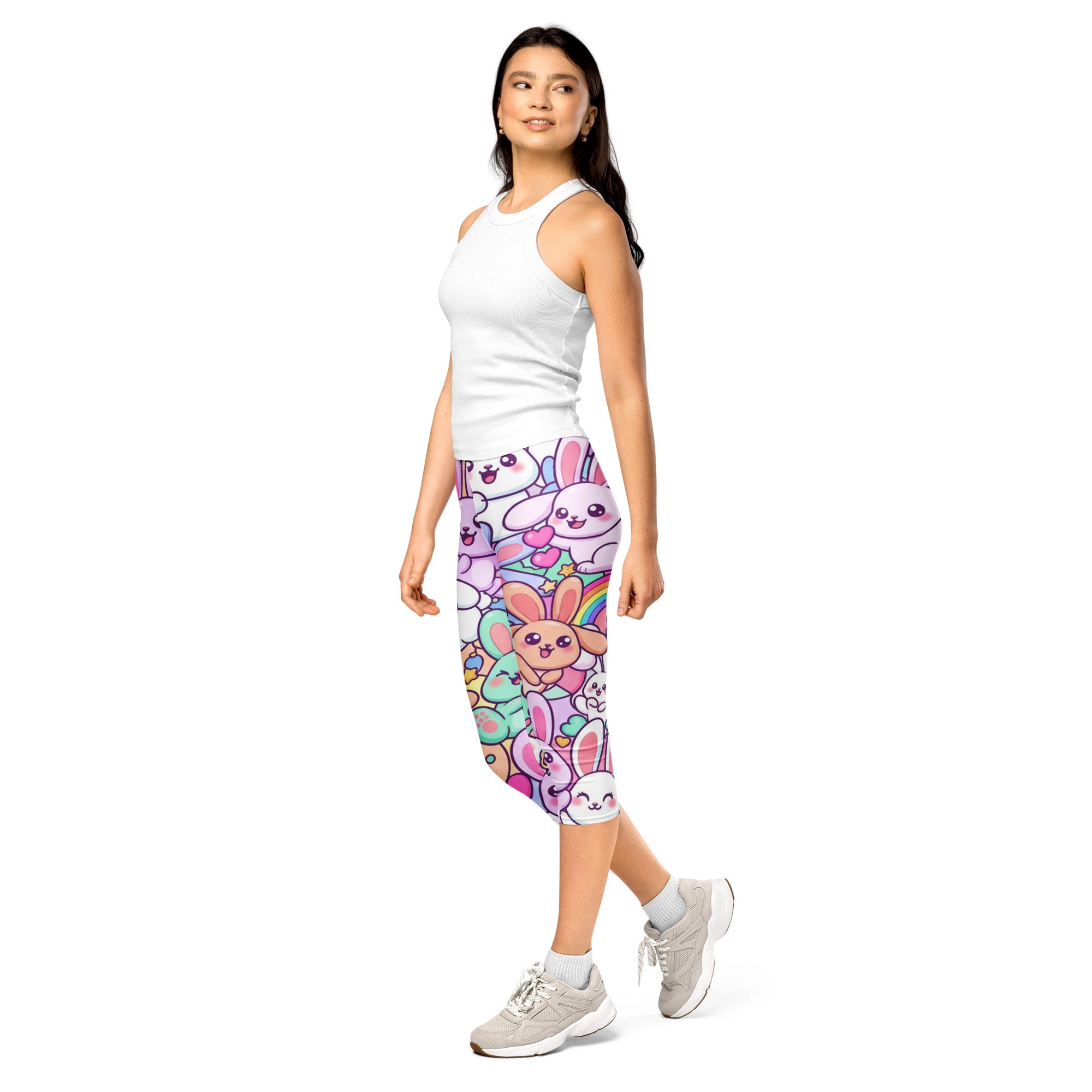 Women's vibrant bunny hop printed capri leggings front view