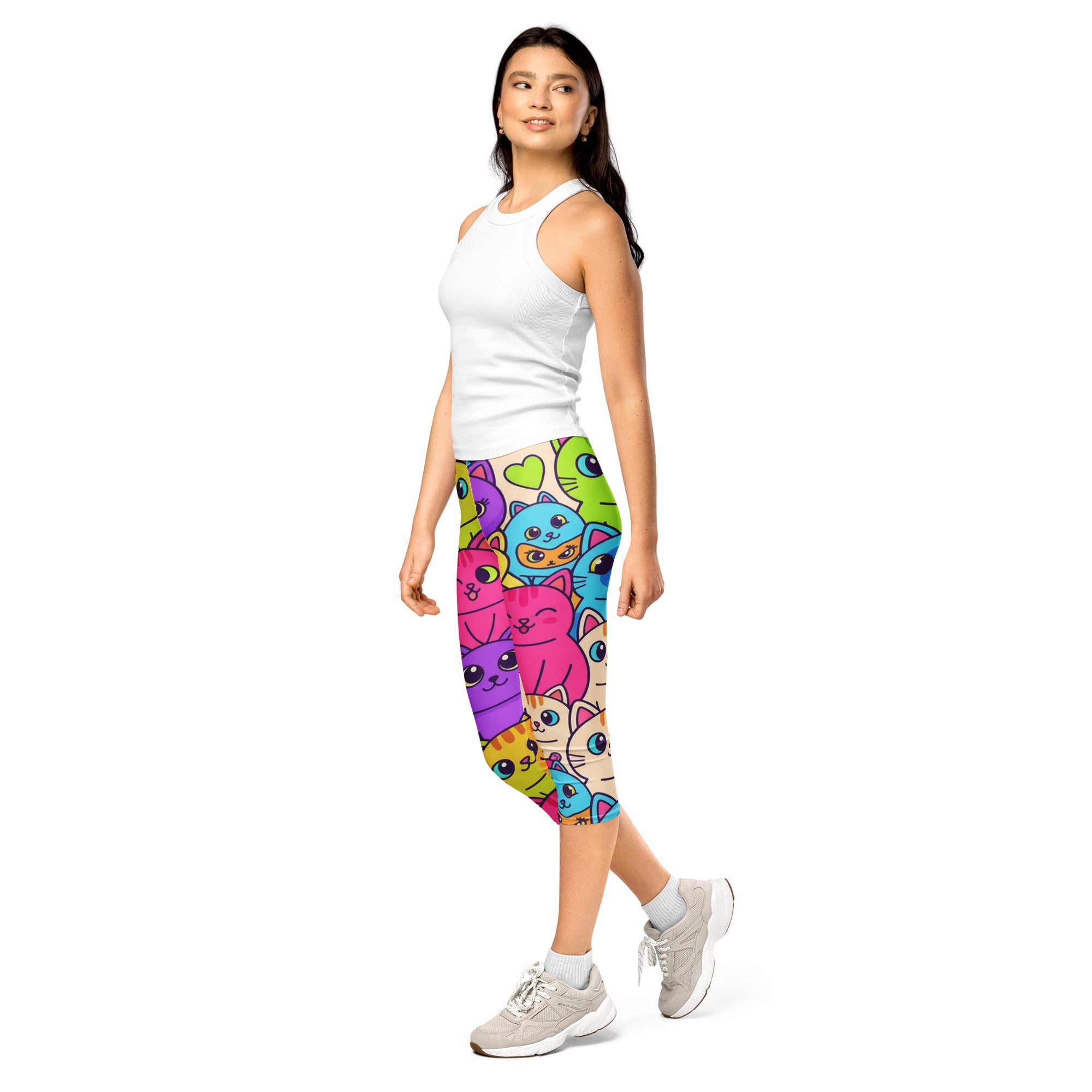 Women's vibrant cats everywhere capris front view