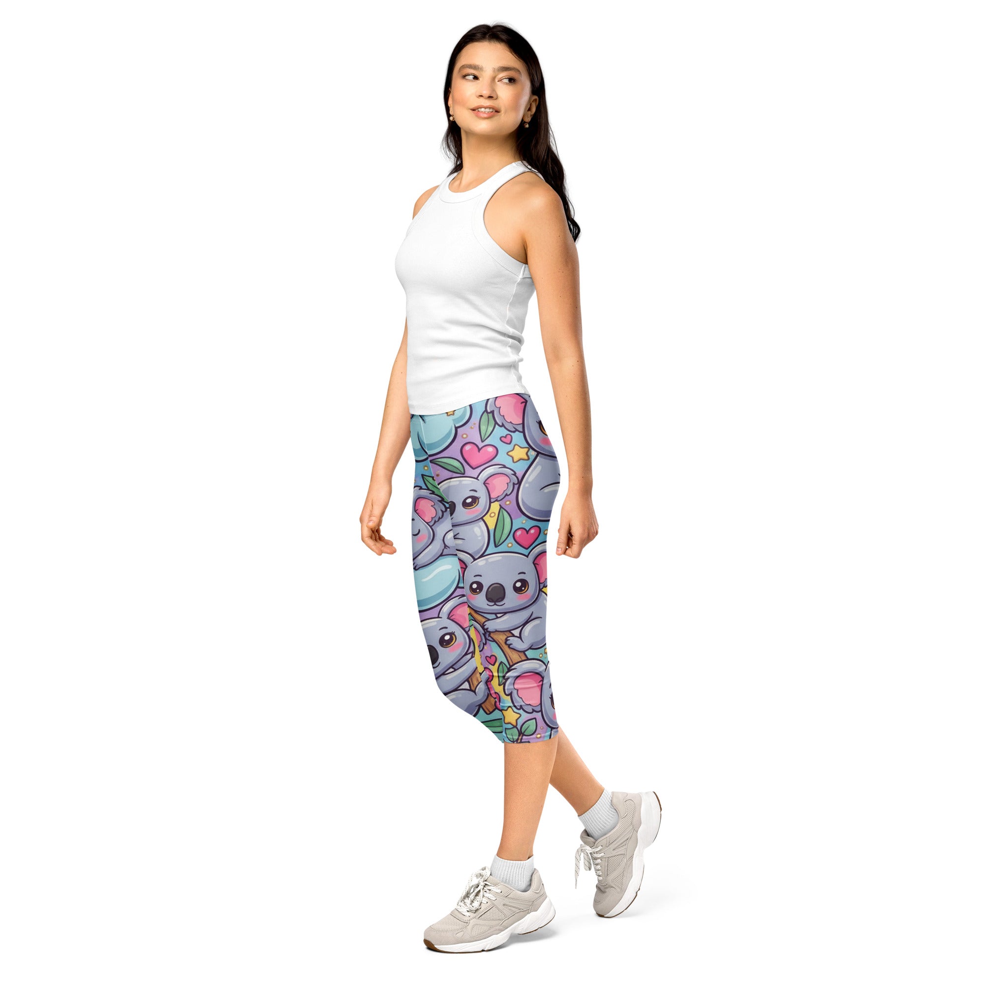 Women's vibrant koala and friends capris front view