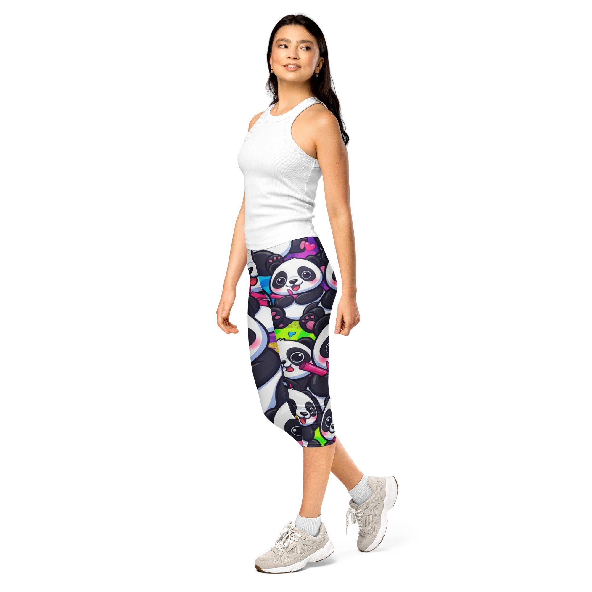 Women's black and white panda printed capri leggings front view