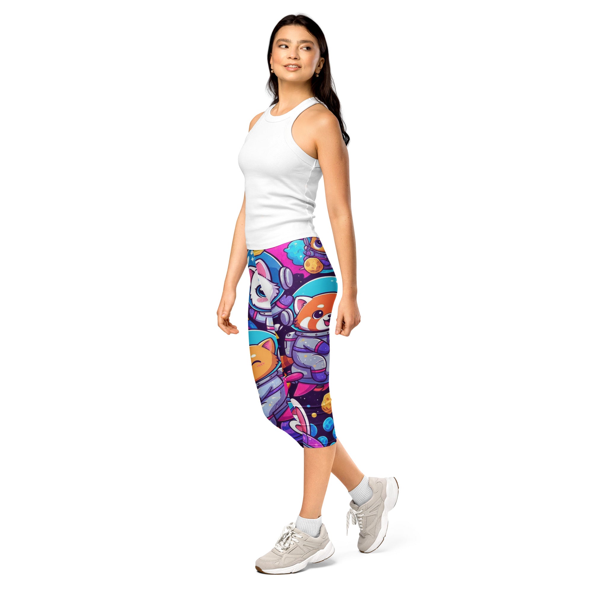 Women's vibrant space animals printed capris front view