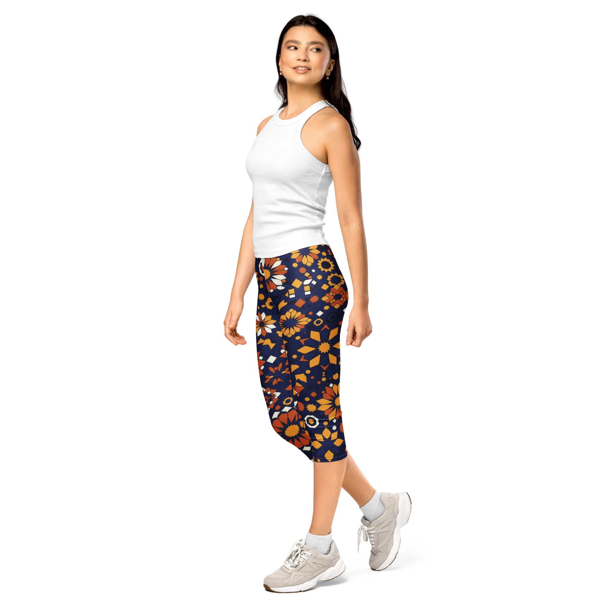 Women's zellige indigo saffron capri leggings front view