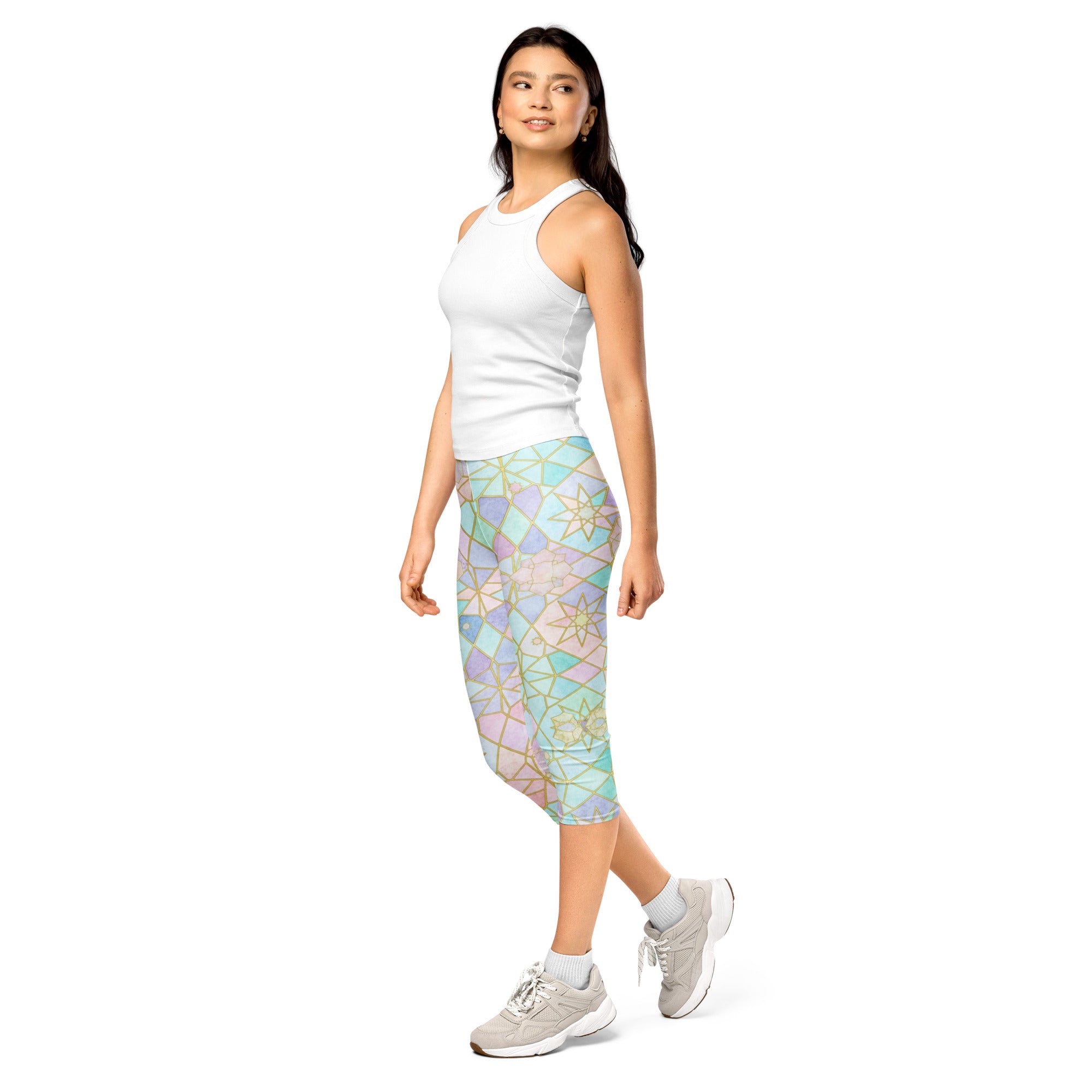 Women's pastel rainbow capri leggings front view