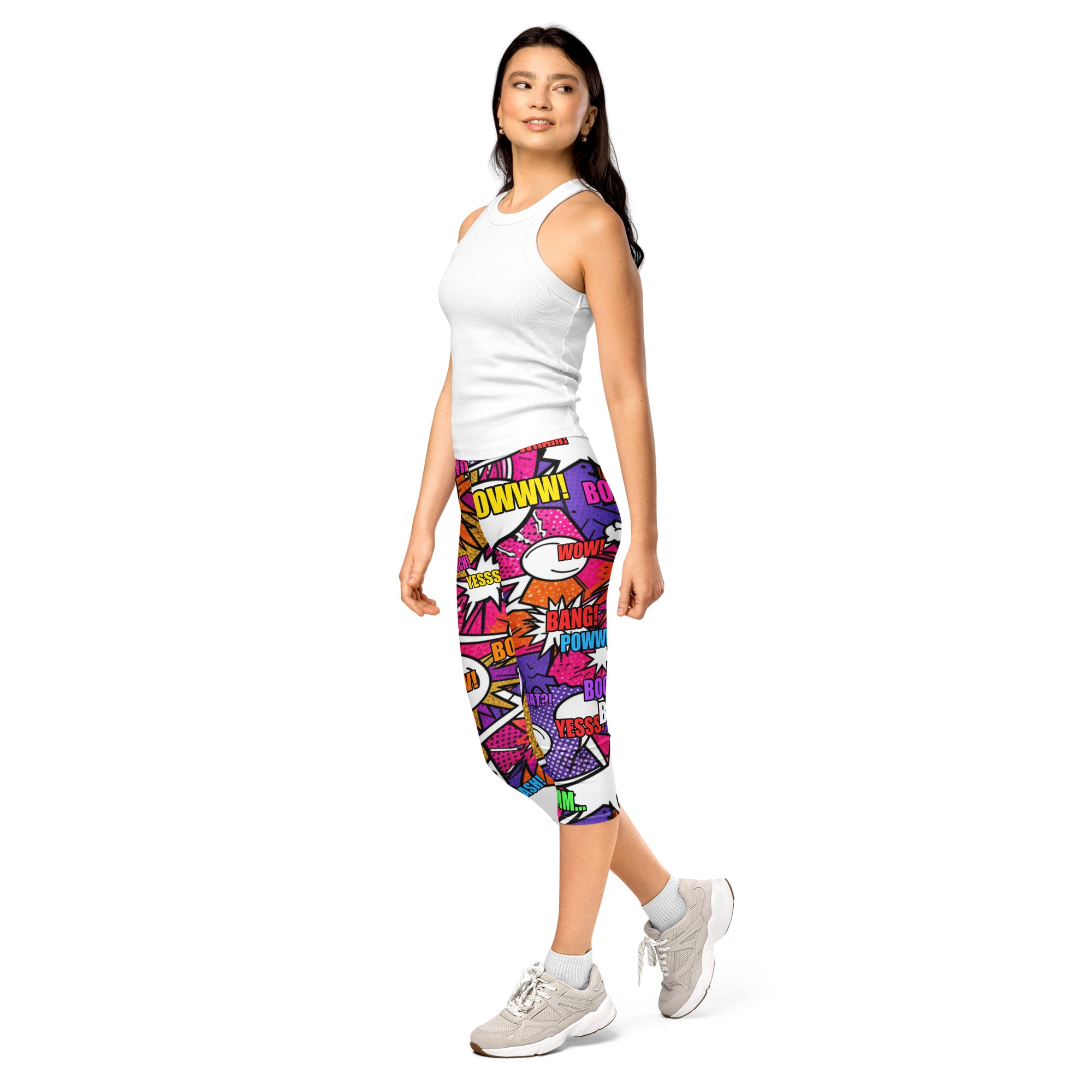 Women's comic strip patterned capris front view