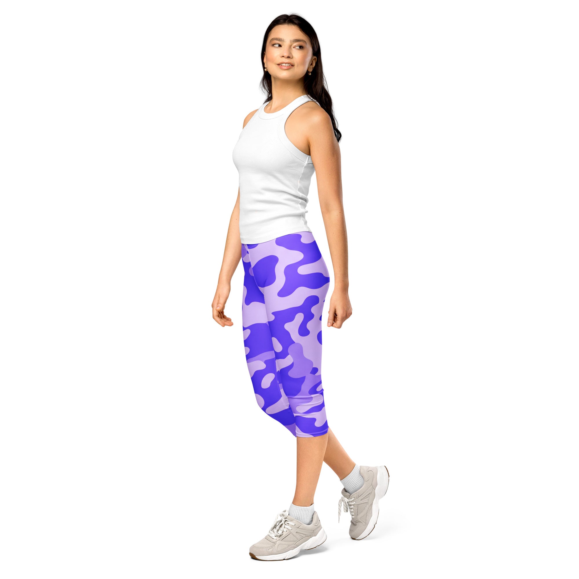 Women's lavender camo capri leggings front view