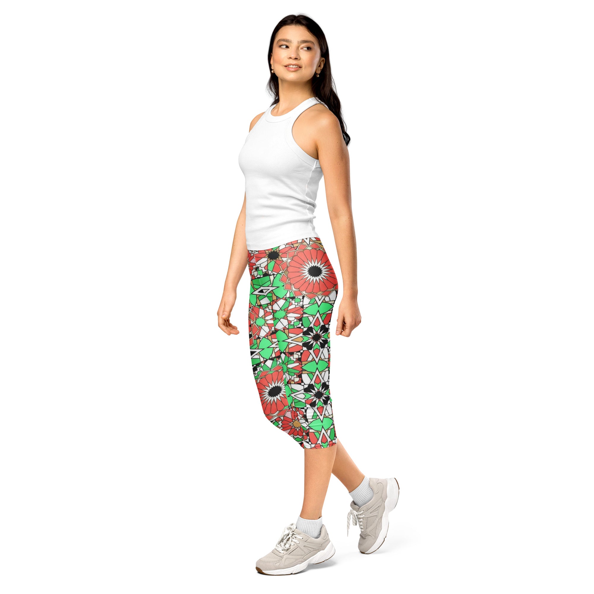 Women's zellige coral mint capri leggings front view