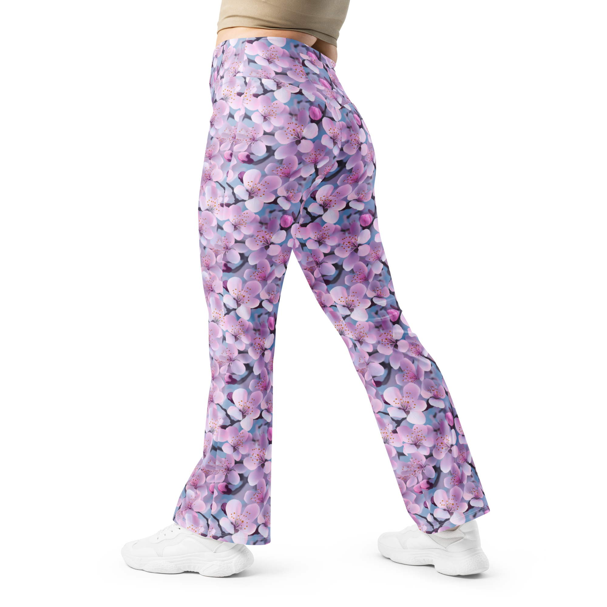 Women's cherry blossom printed flare leggings front view