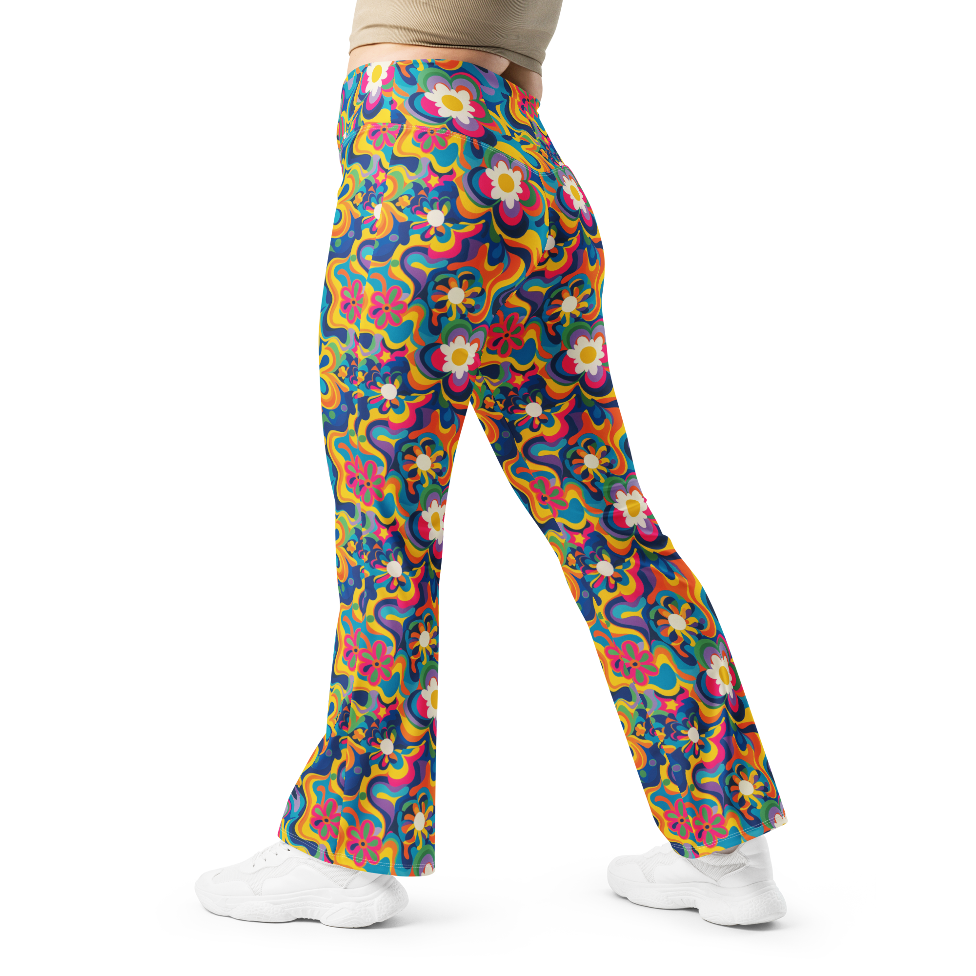 Women's white peace sign print flare leggings front view