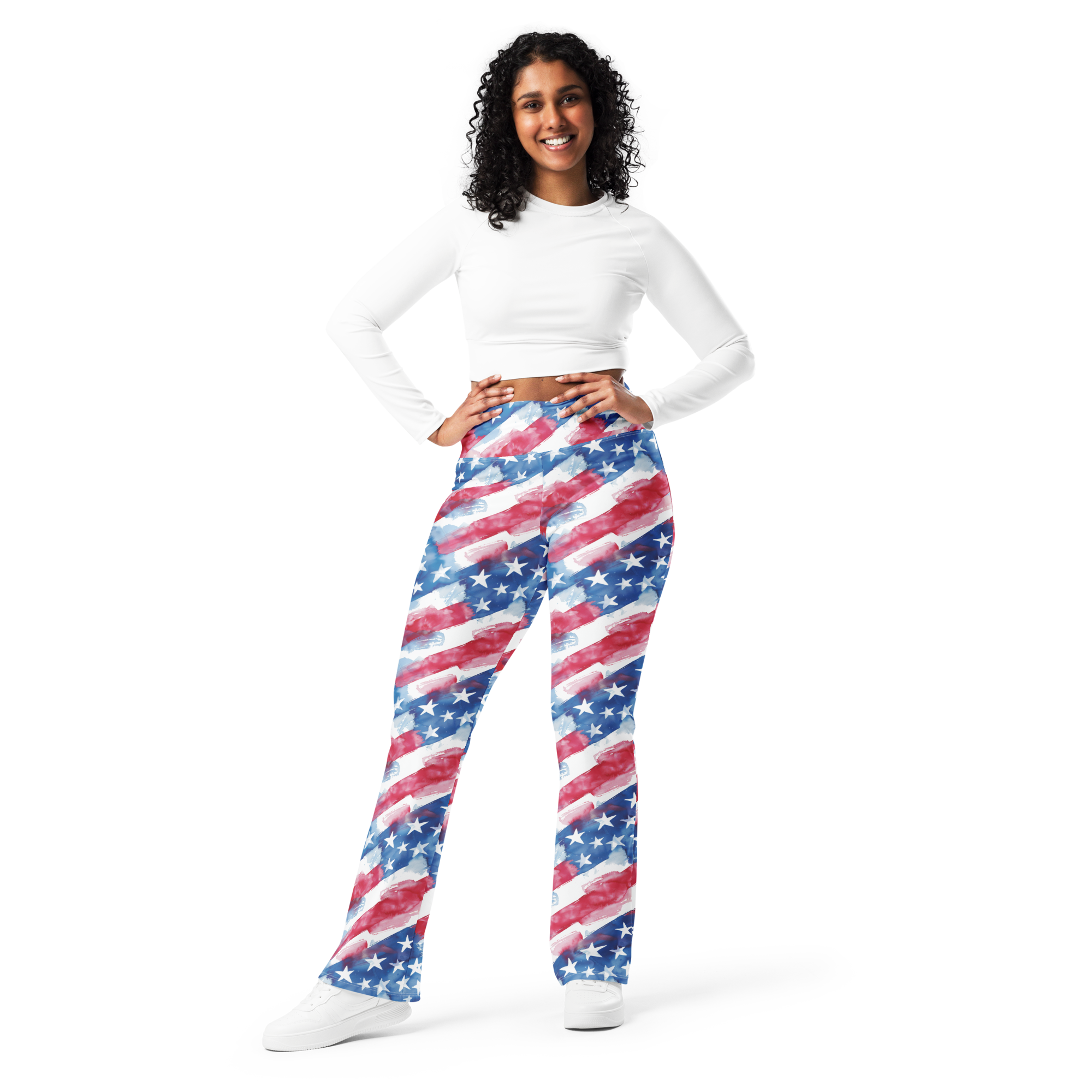 Women's watercolor patriot flare leggings front view