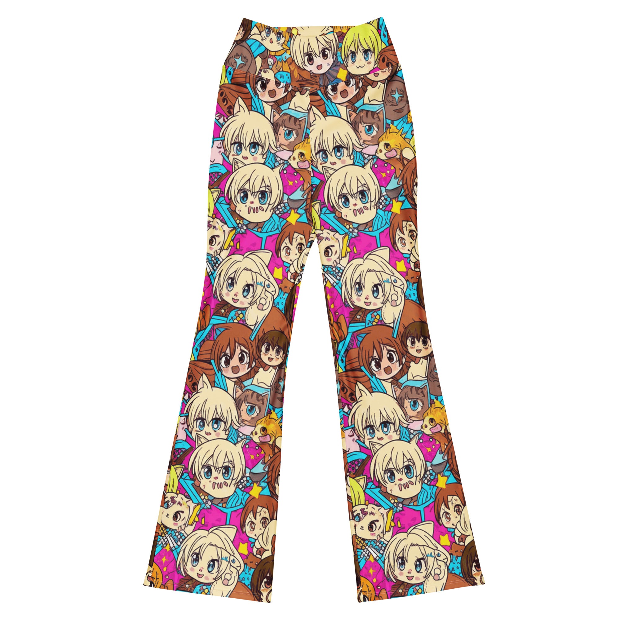 Ultra-vibrant anime collage print featuring cats in a Japanese cafe setting on GearBunch Flare Leggings