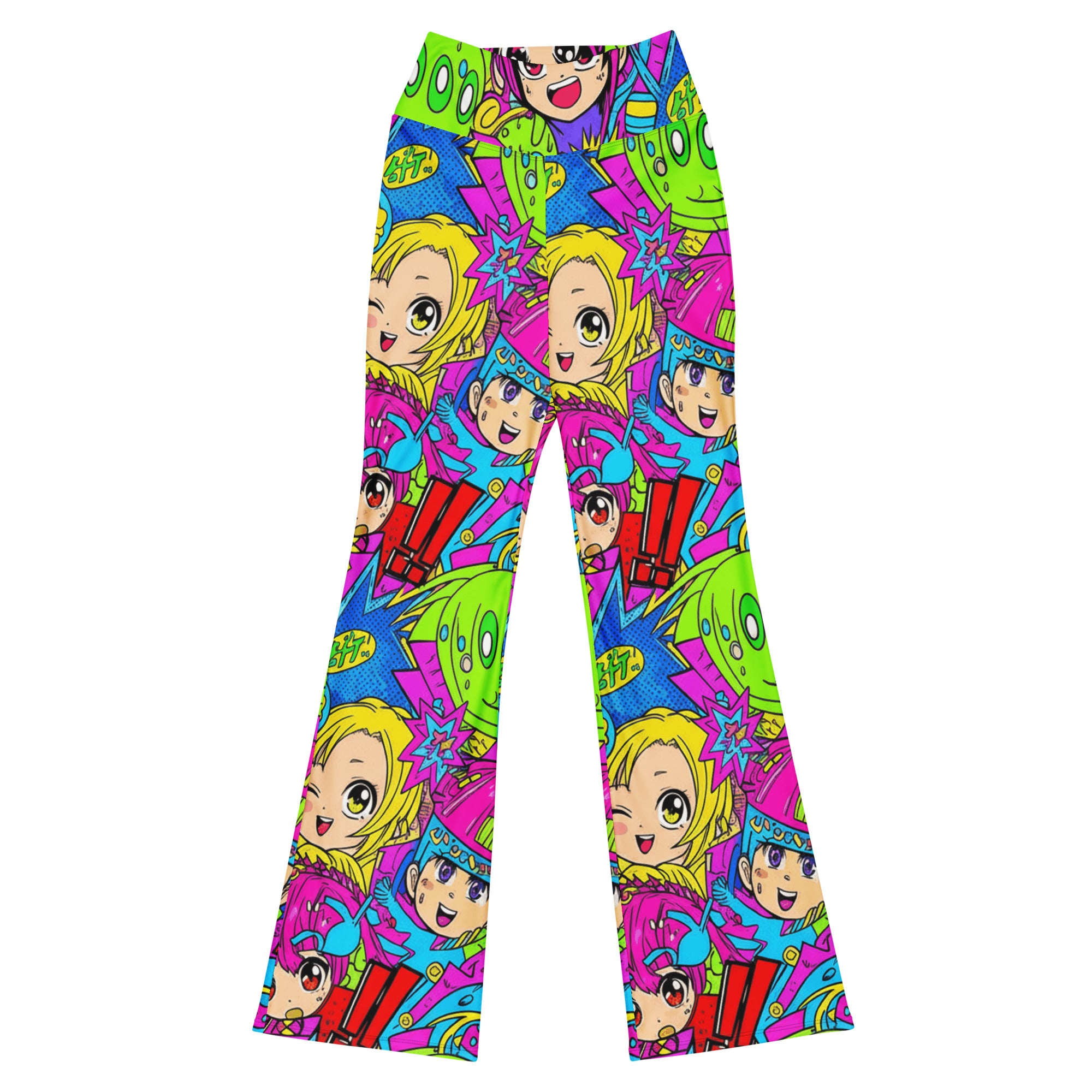 Ultra-vibrant Anime Collage Chibi Party Flare Leggings by GearBunch. Bold colours and fun anime design.
