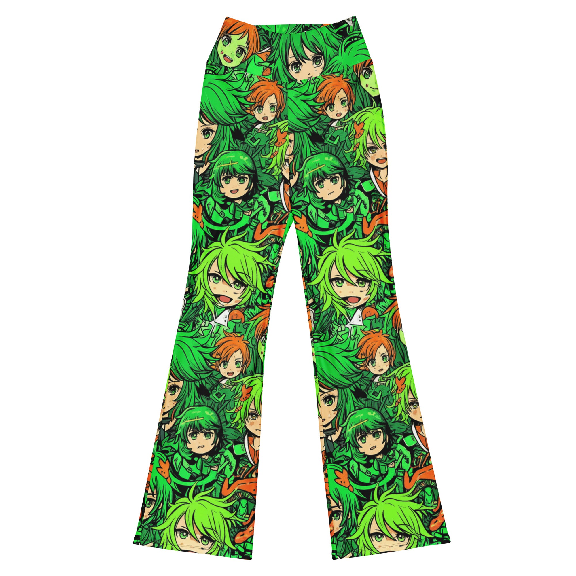 Vibrant anime collage print on GearBunch Flare Leggings featuring forest spirit theme and bold colours.