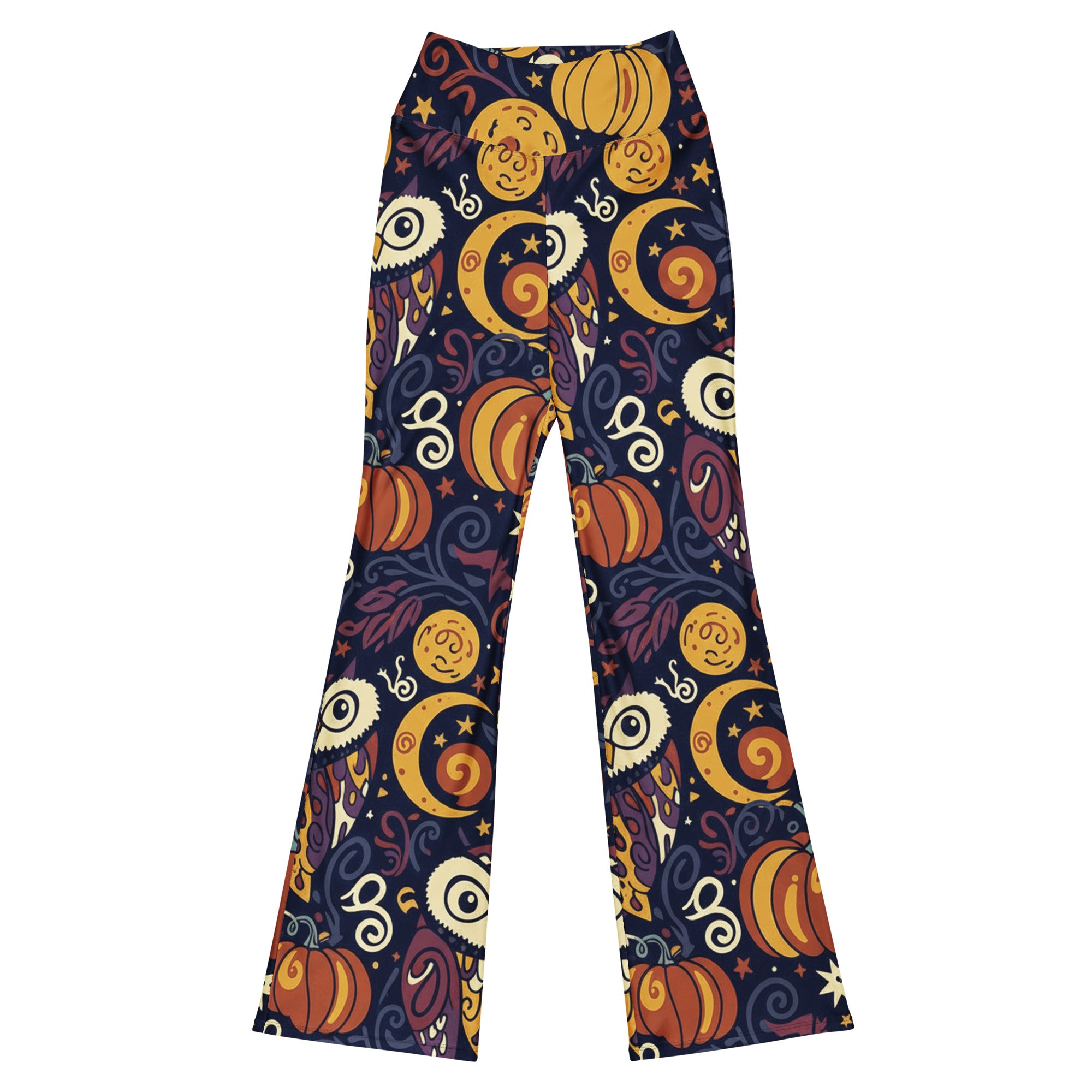All Hallows Eve Owl print GearBunch Flare Leggings featuring a repeat owl and foliage pattern in navy, mustard, and plum.