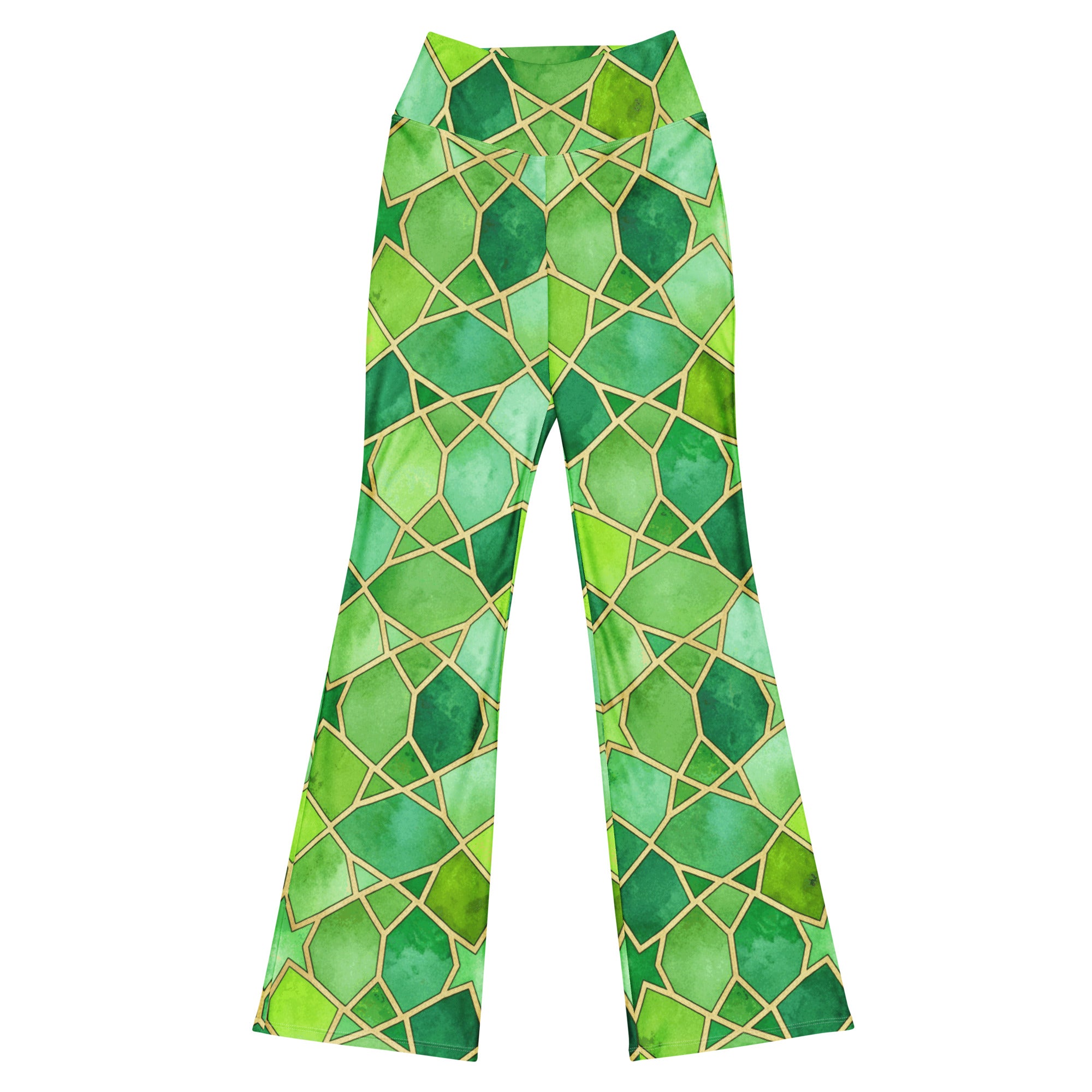 GearBunch Arabic Emerald Jewel Flare Leggings for women, vibrant green and gold geometric design, full length view.