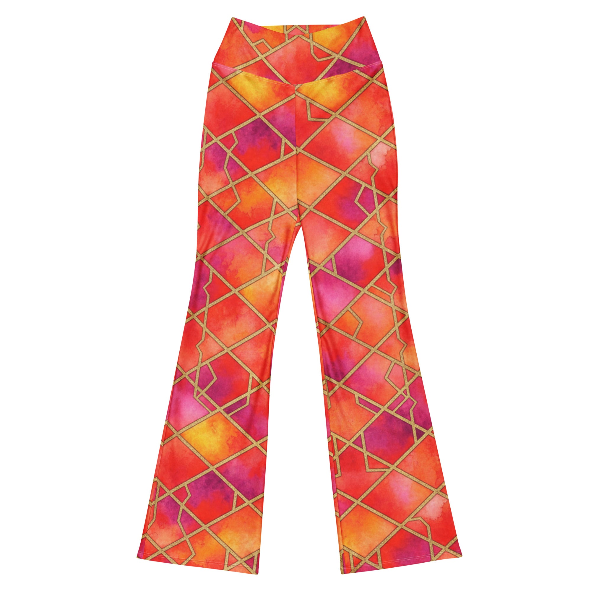 Main image of Arabic Fire Opal GearBunch Flare Leggings featuring fiery red, orange, pink, magenta, and gold geometric pattern.