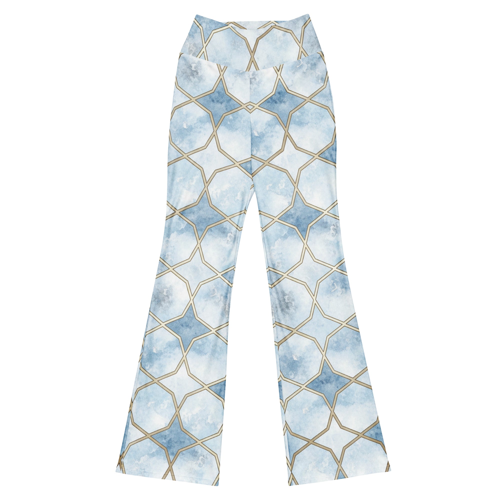 GearBunch Arabic Ice Crystal Flare Leggings, featuring intricate geometric patterns in icy blue, silver, and white with platinum details.