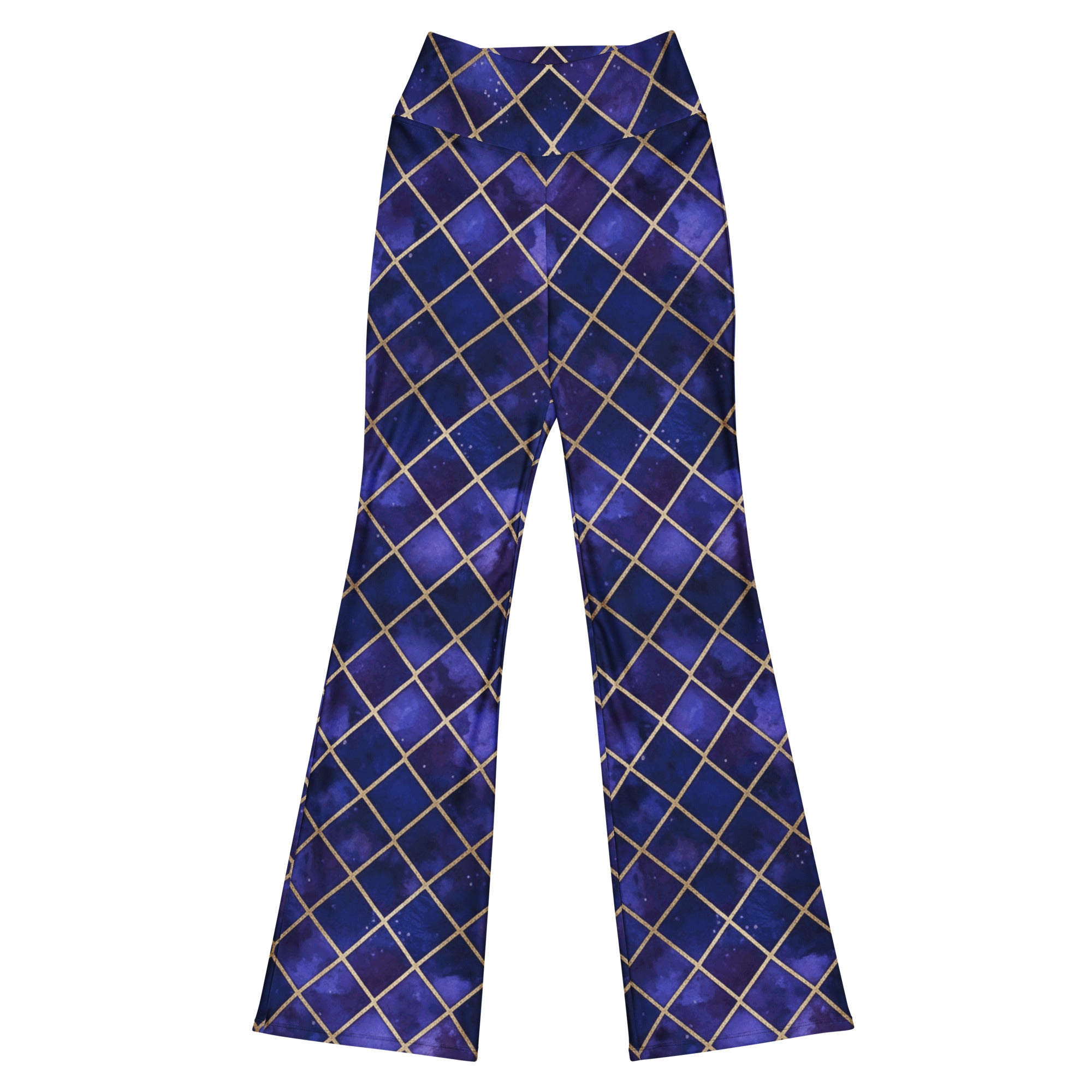GearBunch Arabic Midnight Galaxy Flare Leggings for women, featuring vibrant deep navy and purple geometric patterns with silver outlines.