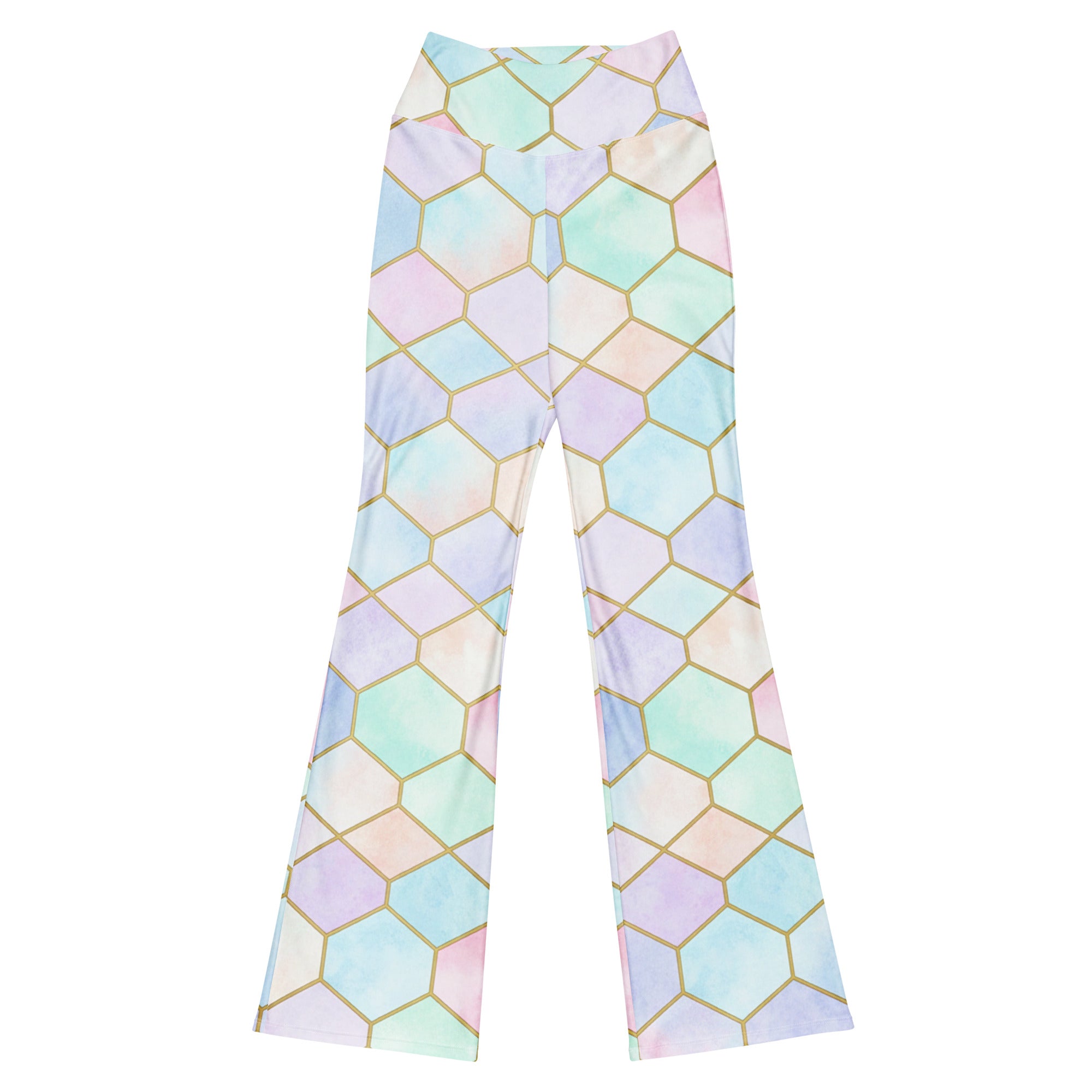 Model wearing Arabic Watercolour Pastel Rainbow Flare Leggings by GearBunch, showing intricate gold-outlined design.