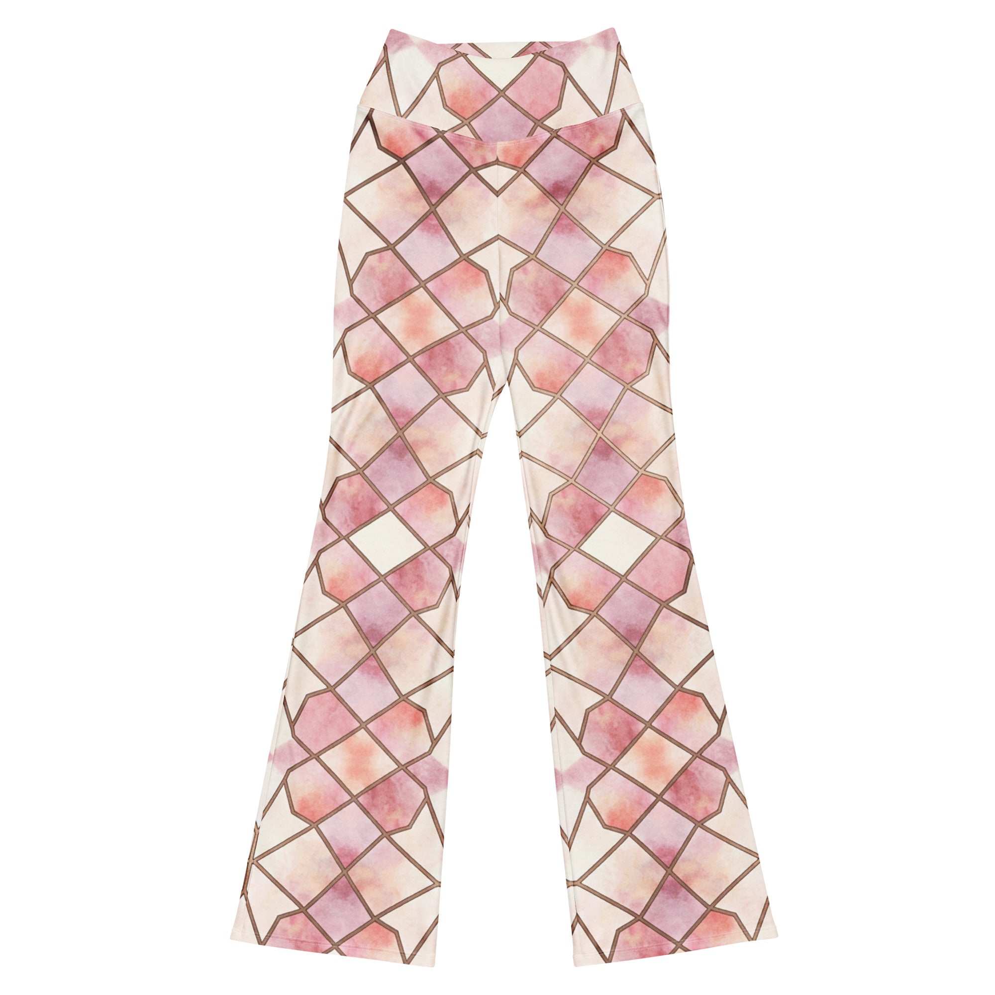 Main image of GearBunch Arabic Rose Quartz Flare Leggings, showing geometric pattern in pink, mauve, gold.