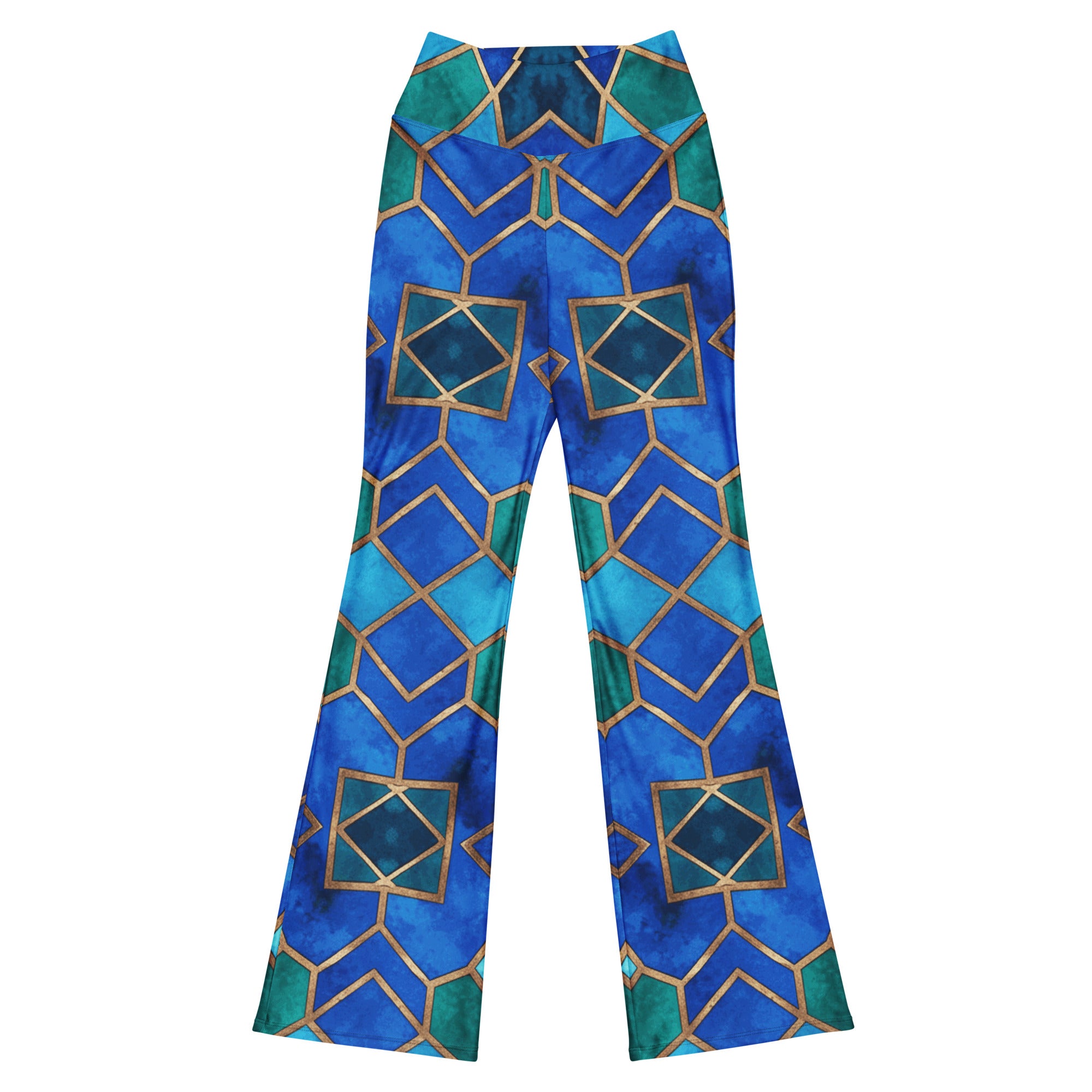 Full body shot of a woman wearing Arabic Sapphire Bronze GearBunch Flare Leggings with geometric patterns.
