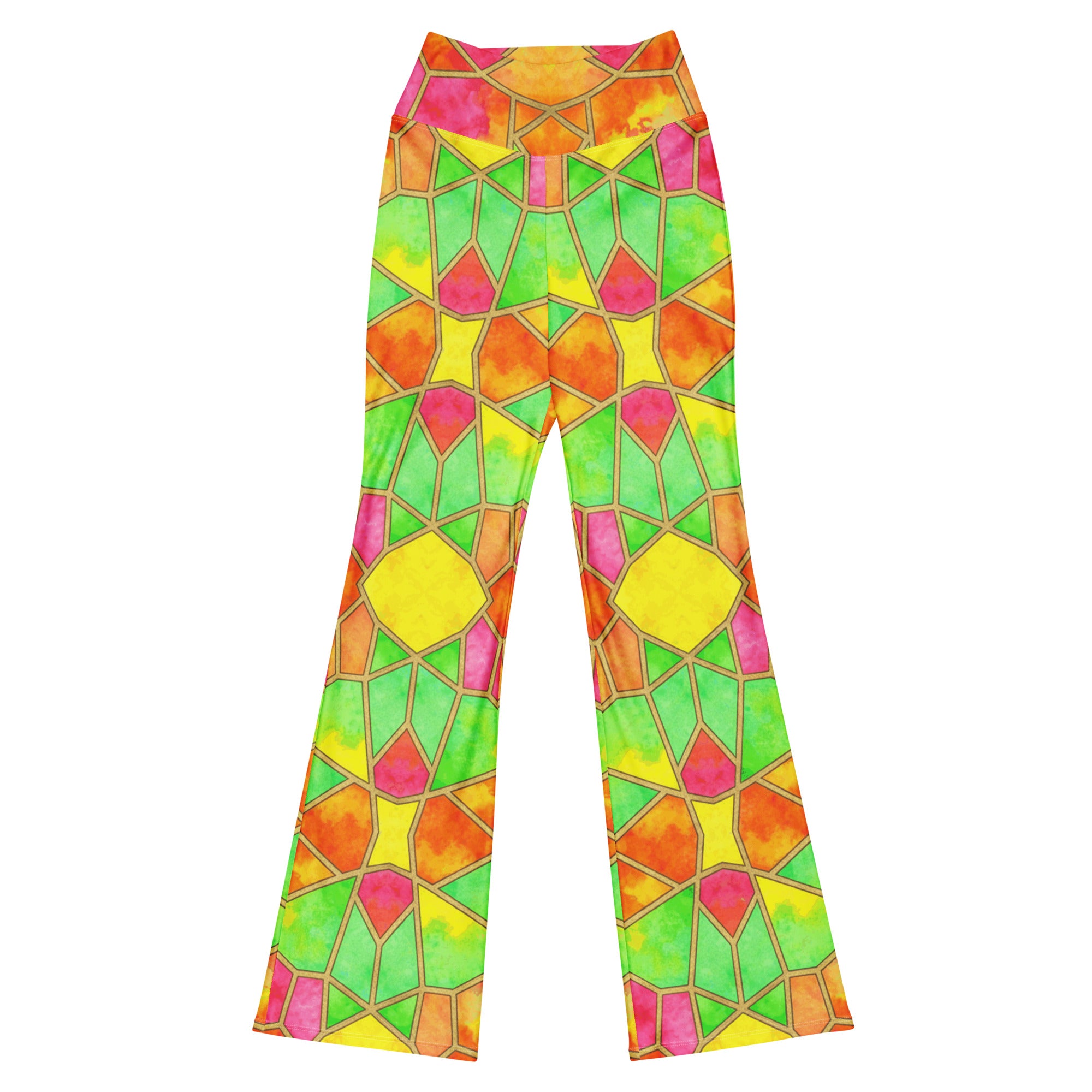 GearBunch Arabic Tropical Punch Flare Leggings featuring a vibrant geometric pattern. Perfect for yoga and active life.