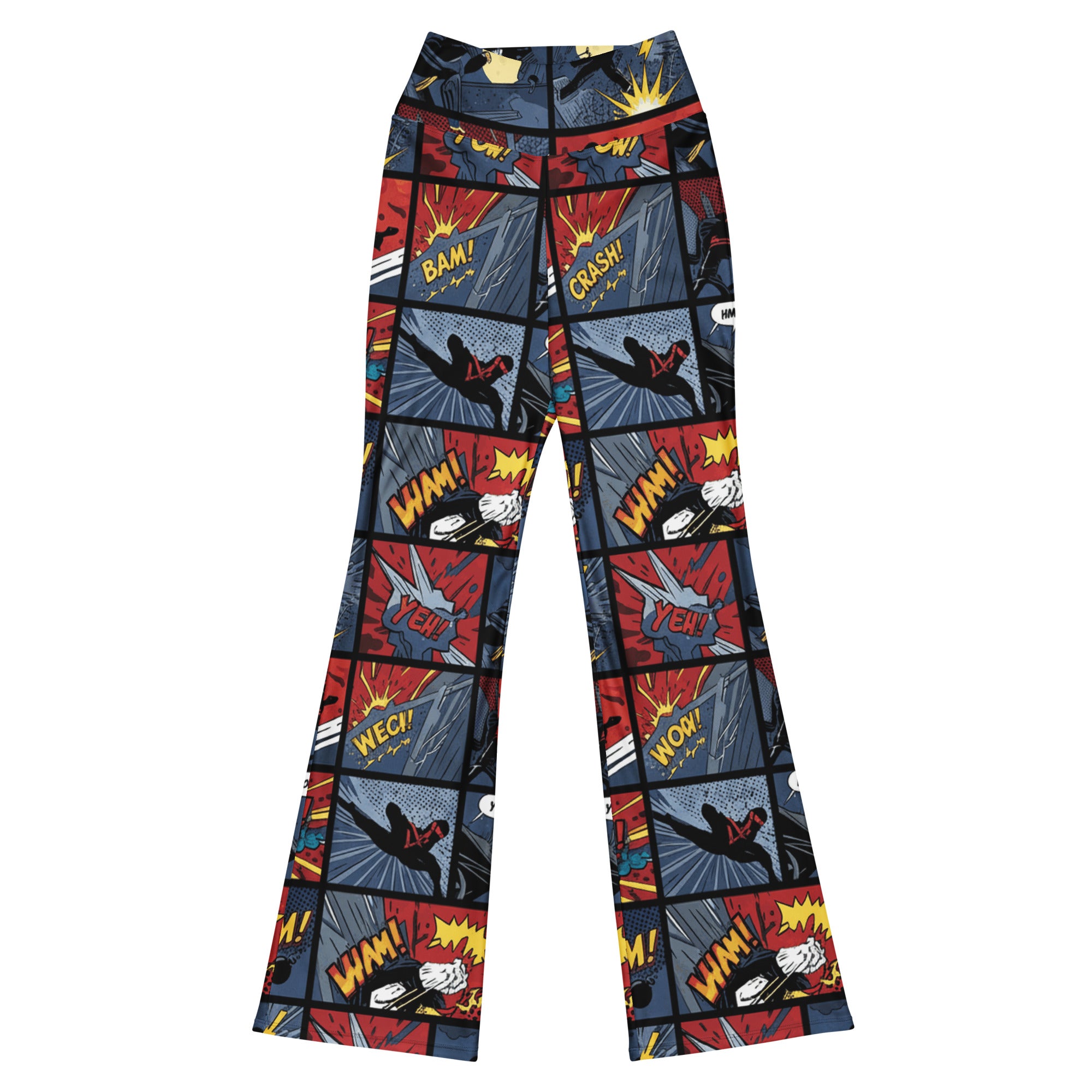 Dynamic Comic Strip Ninja Night Flare Leggings from GearBunch. Featuring bold action visuals in black, red, and gold.