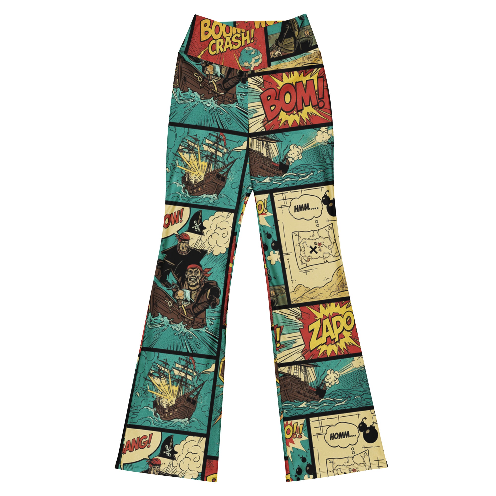 GearBunch Comic Strip Pirate Adventure Flare Leggings featuring bold pirate scenes and action words.