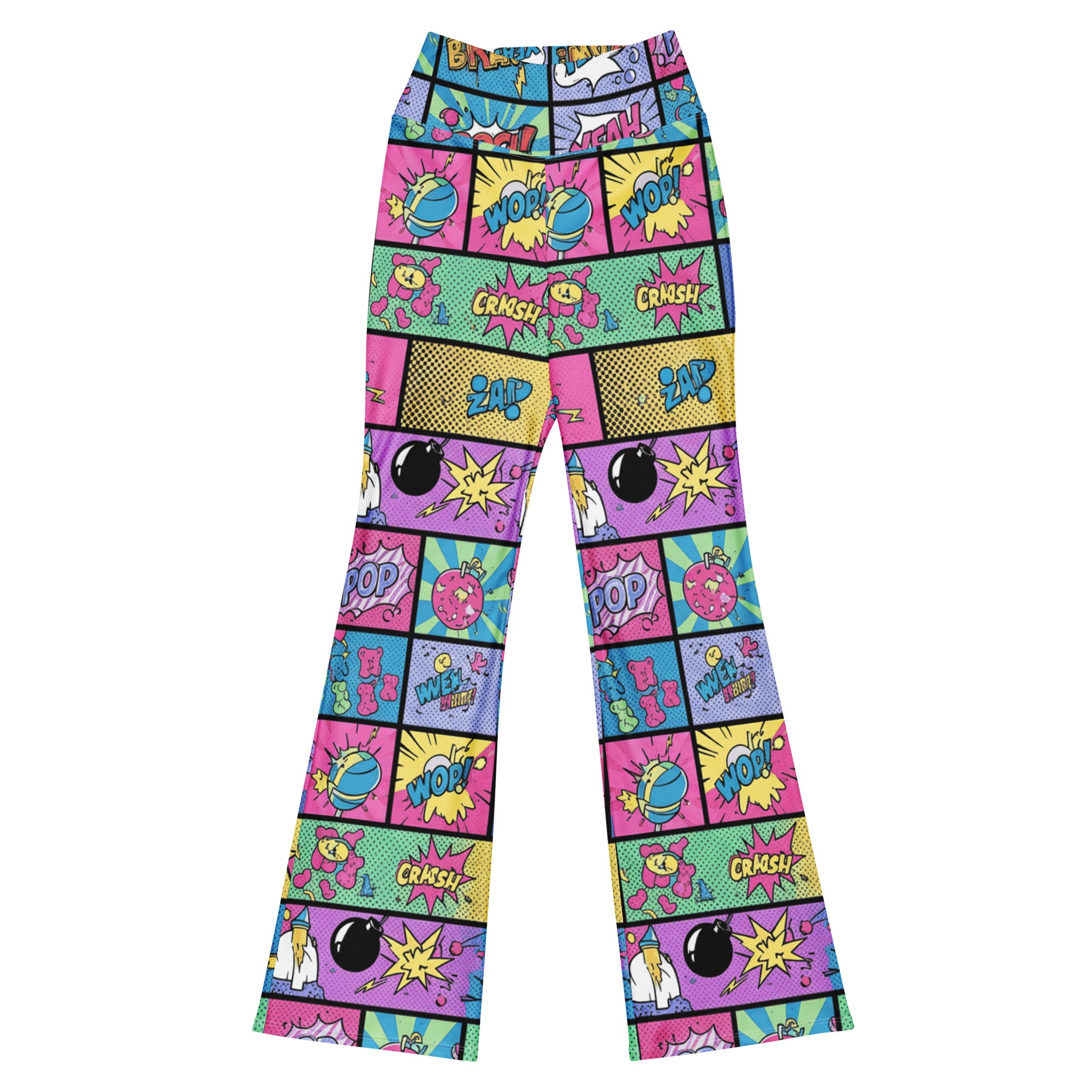 GearBunch Comic Strip Pop Candy Flare Leggings in vibrant pink, blue, yellow, green. Dynamic activewear.