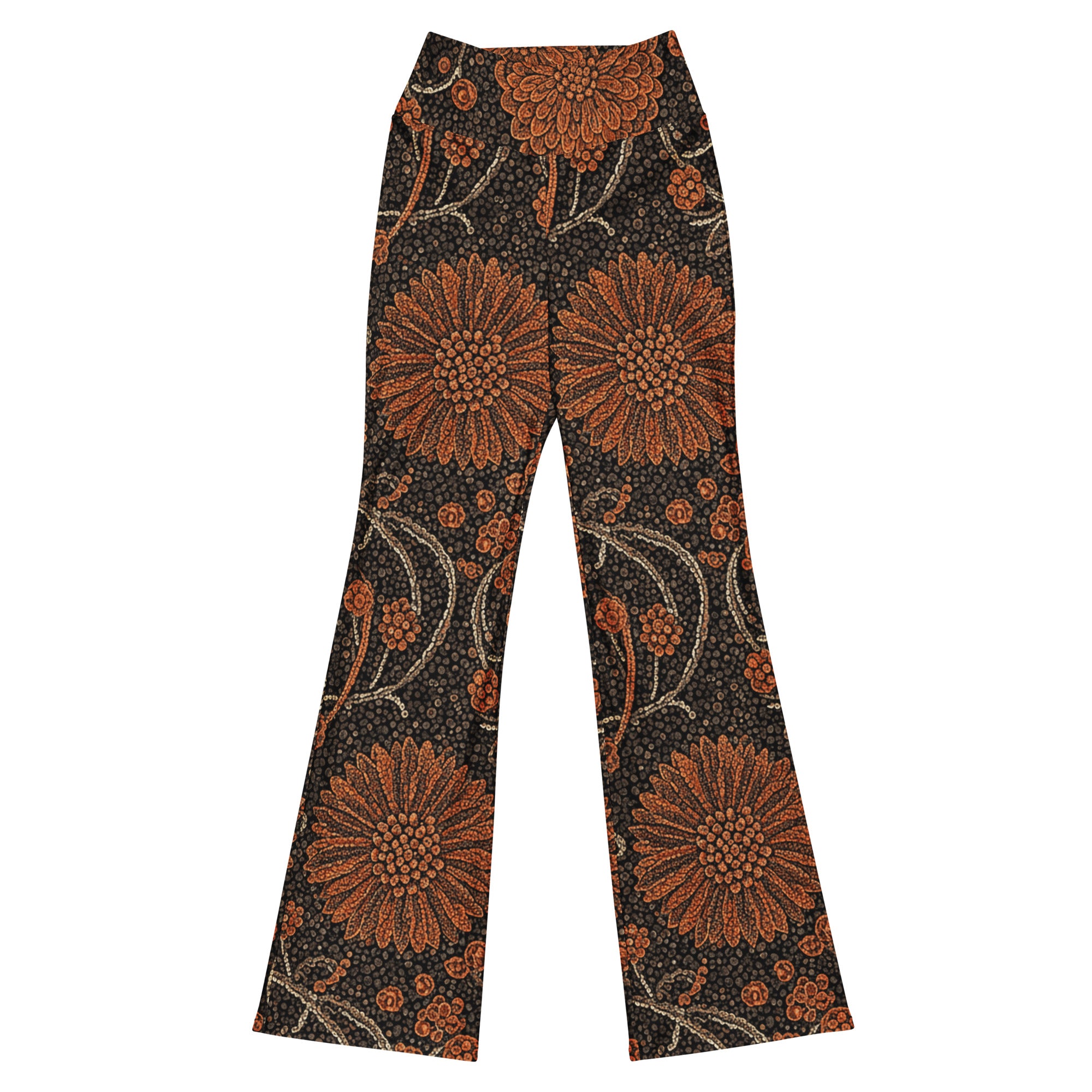 GearBunch Copper Paillette Baroque Flare Leggings with exotic copper and gold florals on a dark background.