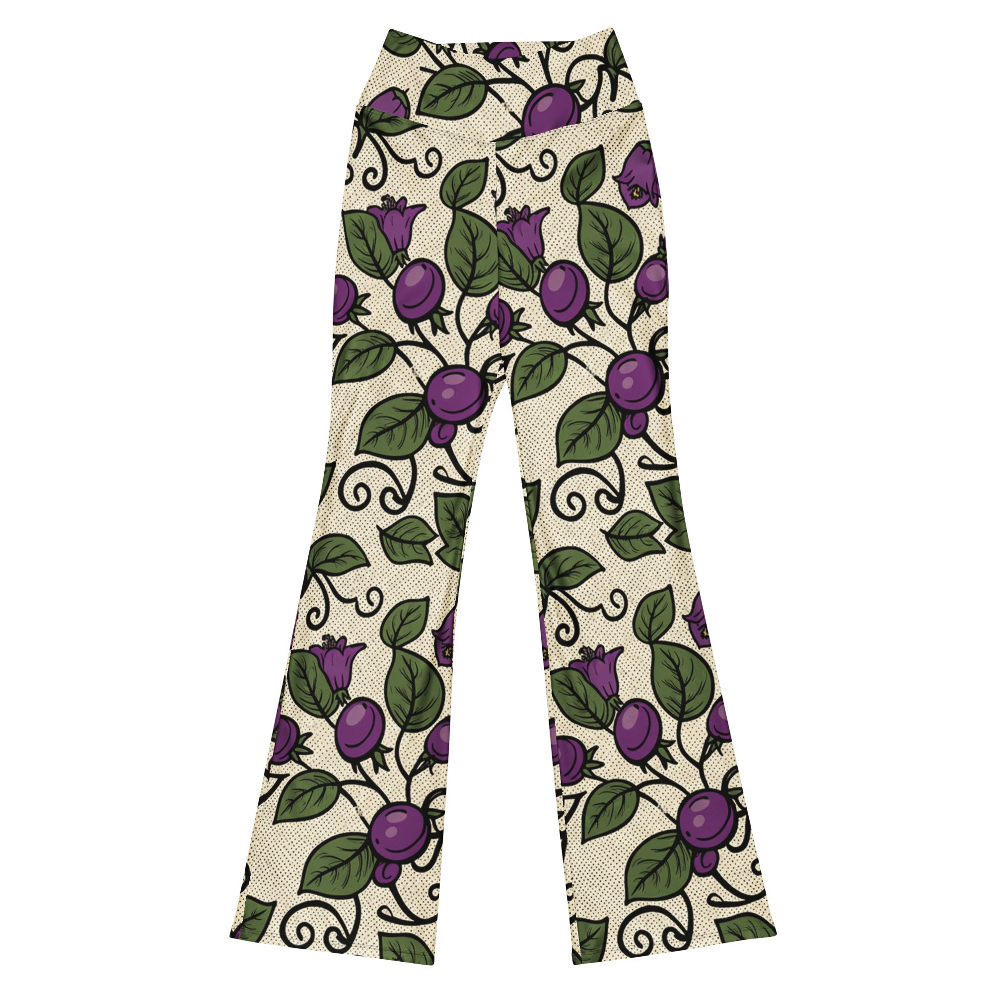 Deadly Nightshade Botanical GearBunch Flare Leggings featuring deep black, plum, sage, and antique gold print.