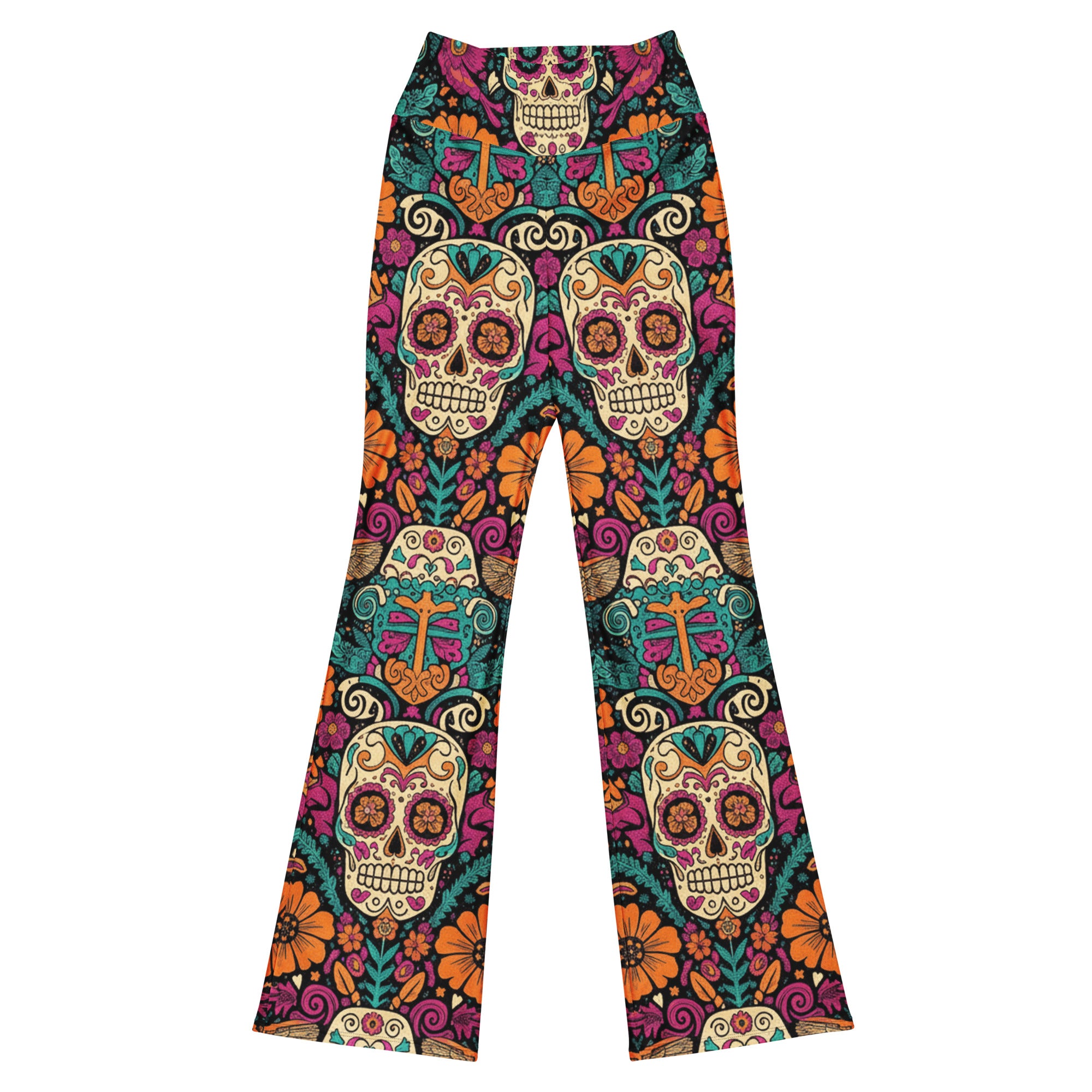 GearBunch Día de los Muertos Marigold Flare Leggings featuring bold floral and celebratory skull motifs.