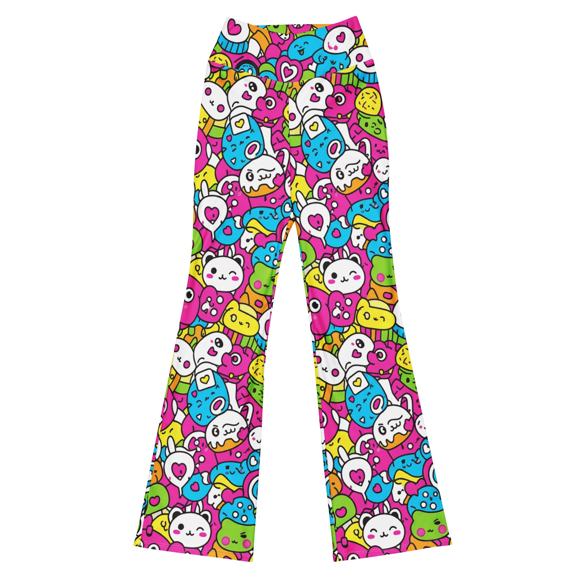 Kawaii Candy Land Flare Leggings by GearBunch, featuring vibrant candy-themed doodles and cute characters.