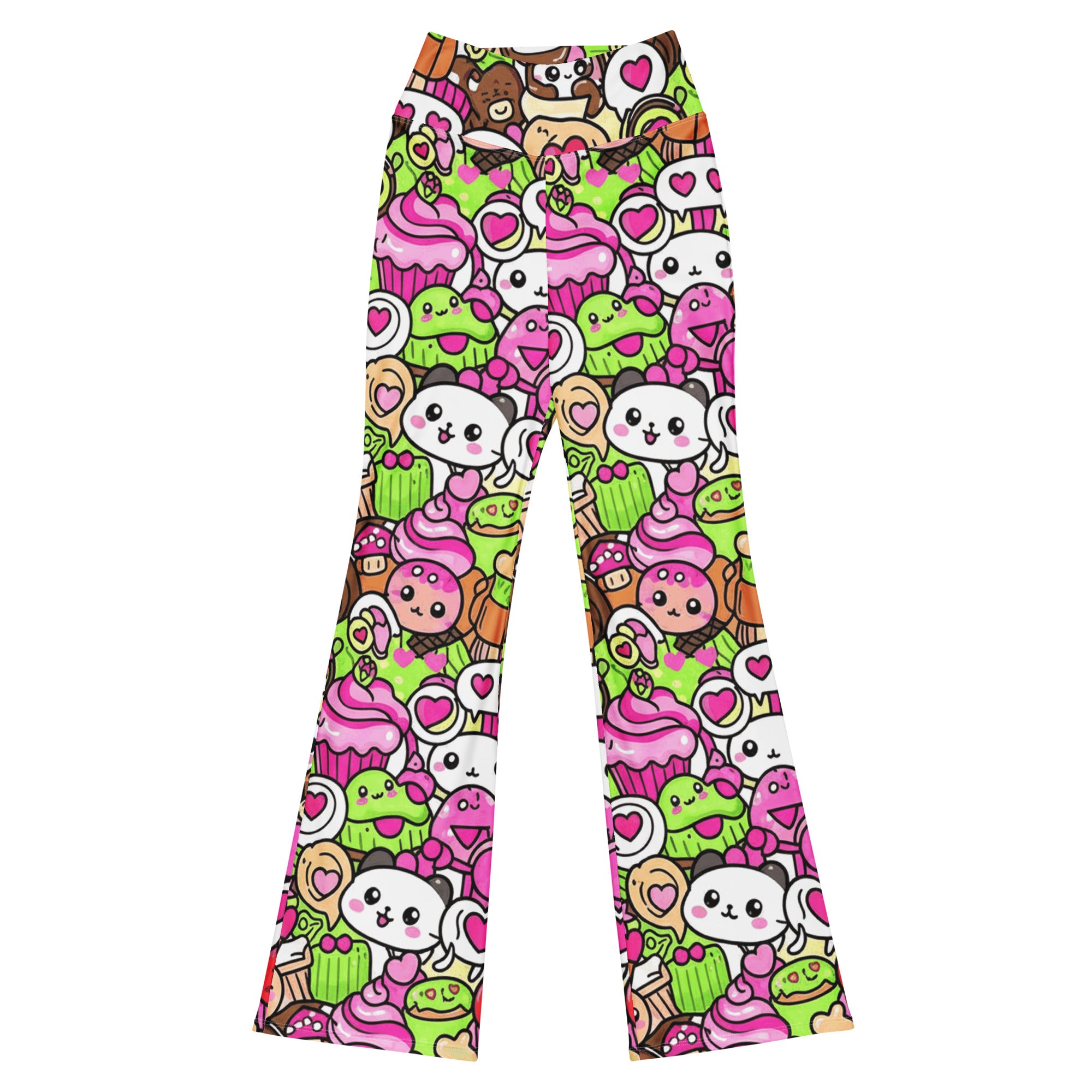 Vibrant Kawaii Sakura Picnic Flare Leggings by GearBunch, featuring cute animals, food, and cherry blossoms.