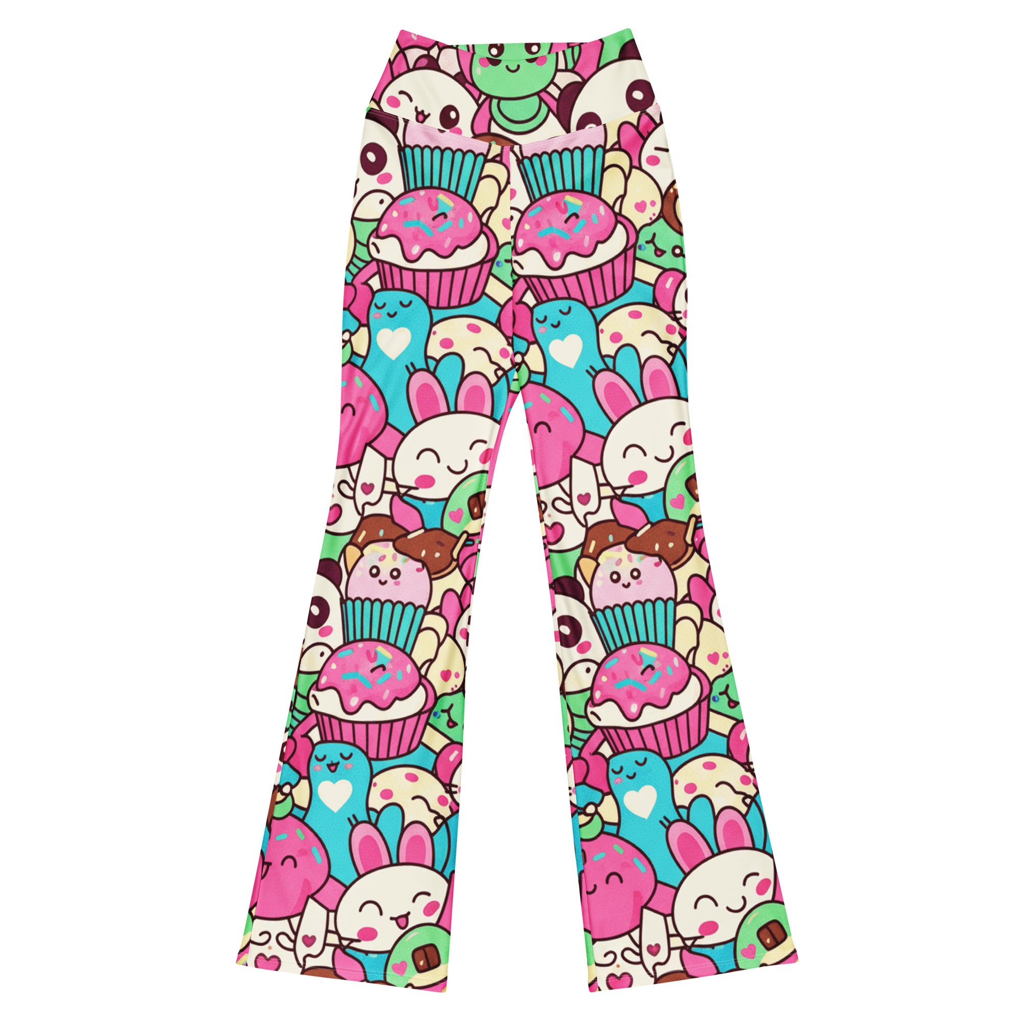 GearBunch Kawaii Sweet Treats Flare Leggings featuring a vibrant collage of cute animals and desserts.
