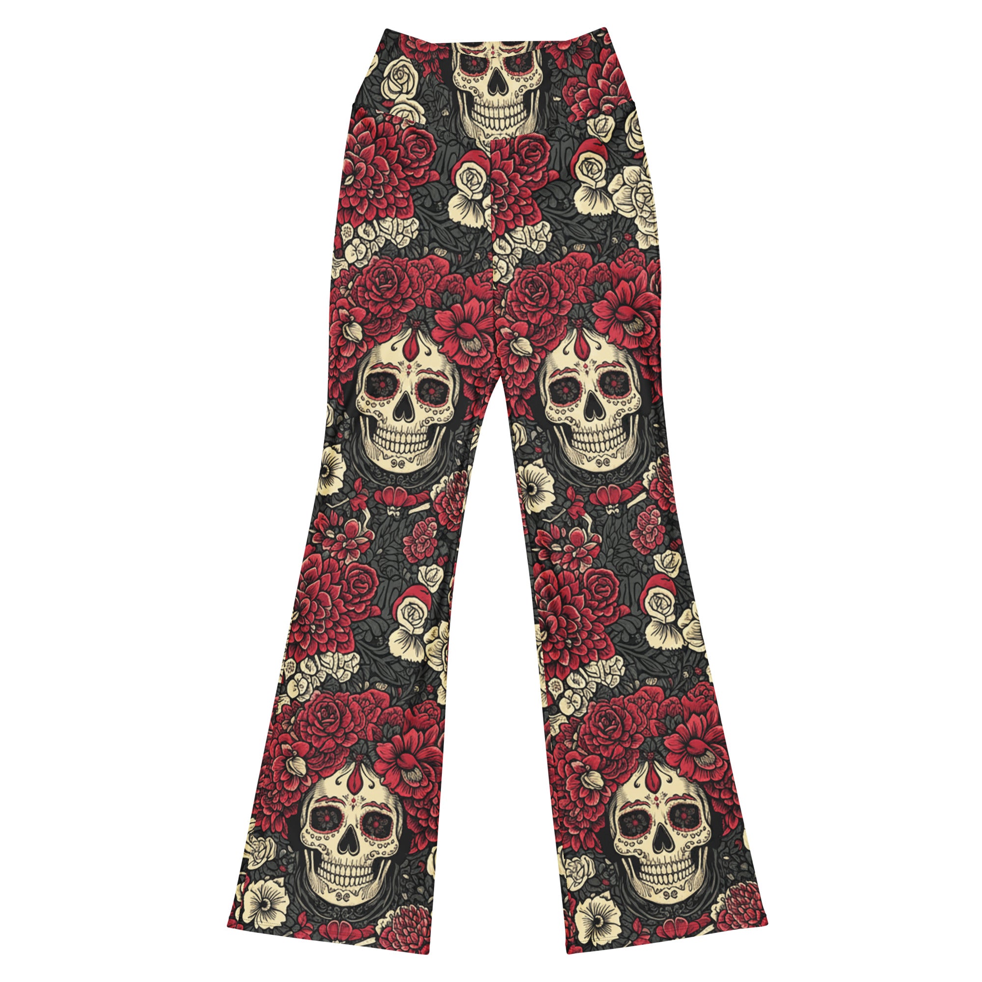 GearBunch La Catrina Floral Crown Flare Leggings. Bold floral design in crimson, gold, ivory, charcoal, deep rose. Women's activewear.