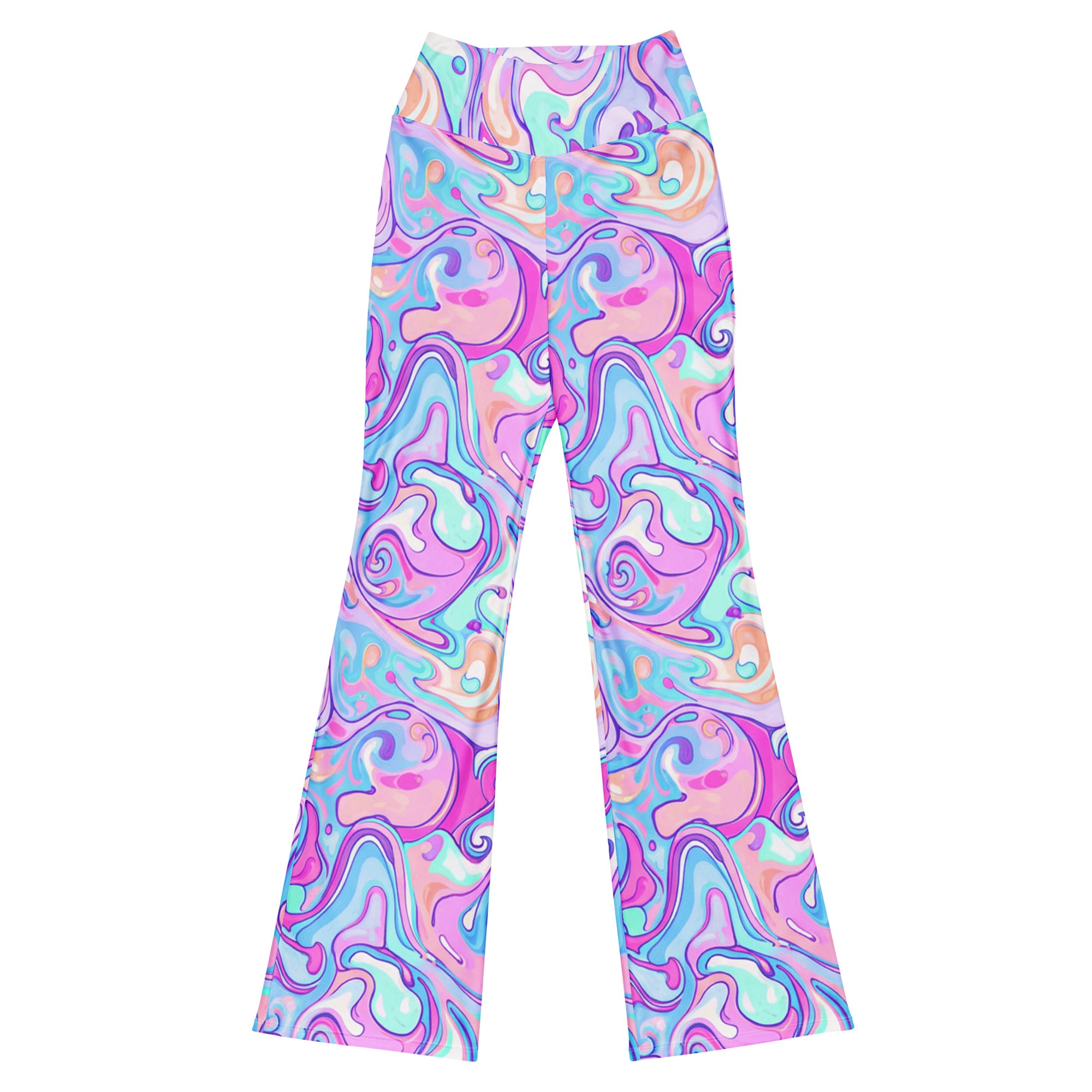 Main image of Liquid Marble Cotton Candy Flare Leggings by GearBunch, featuring soft pink, lavender, blue, and mint swirls.