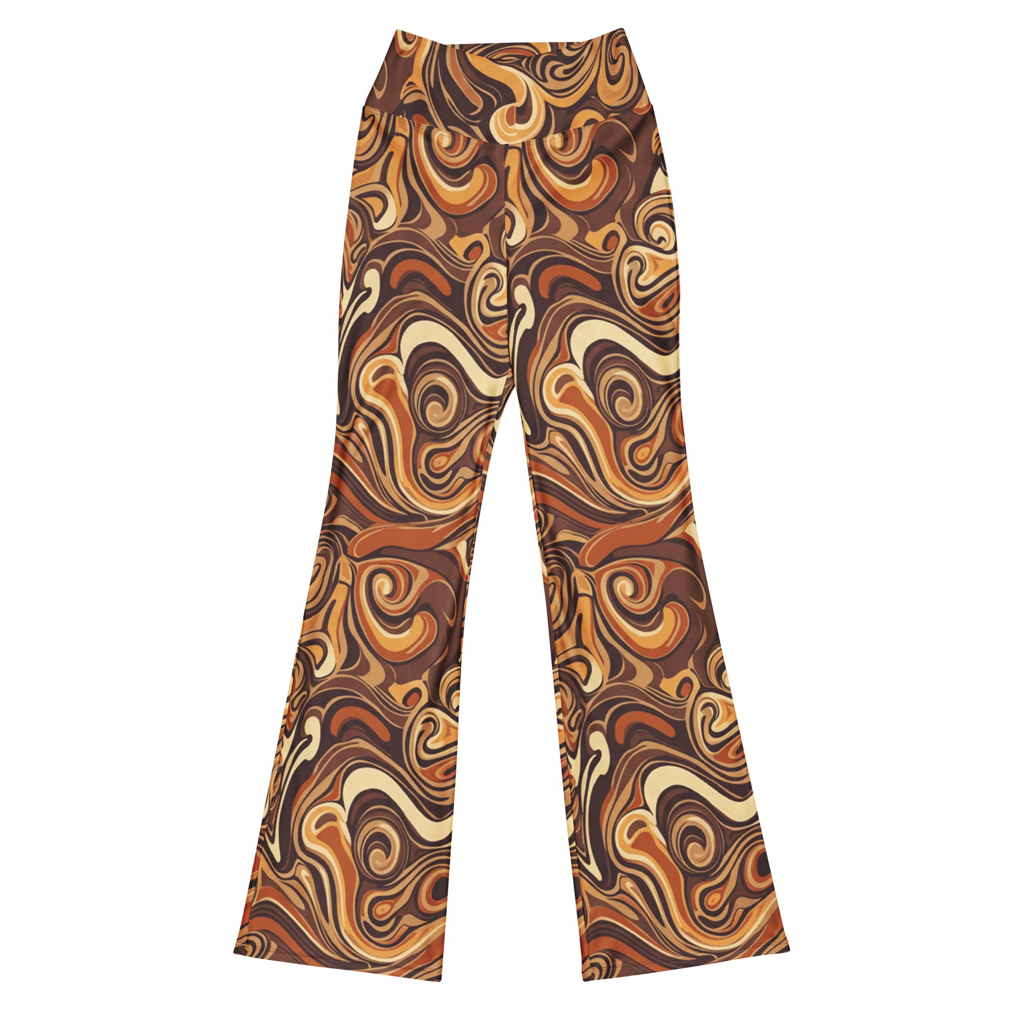 Liquid Marble Earth Agate Flare Leggings by GearBunch, featuring rich brown, amber, rust, and charcoal swirls.