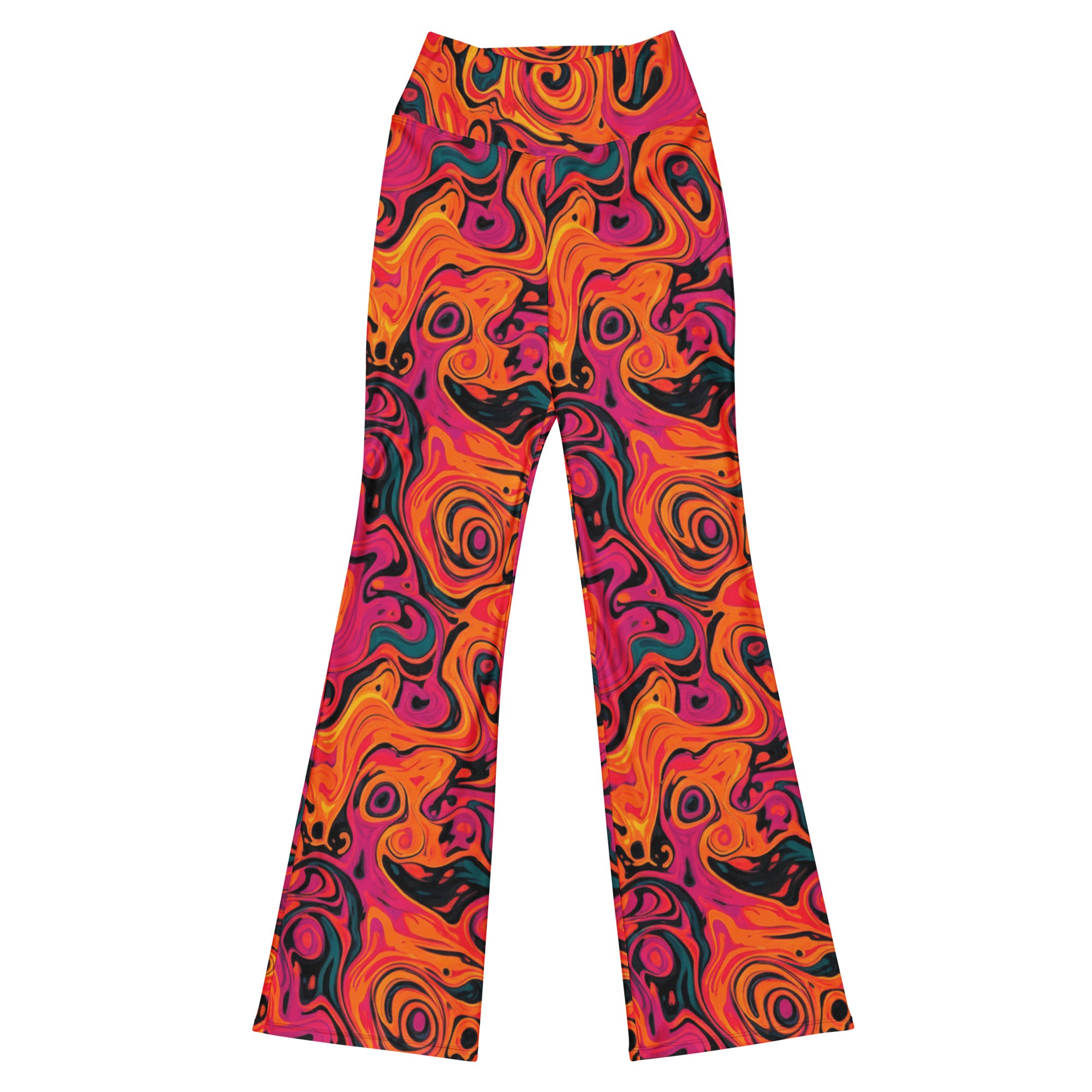 A female model wearing GearBunch Liquid Marble Fire Opal Flare Leggings, showcasing vibrant fiery patterns.