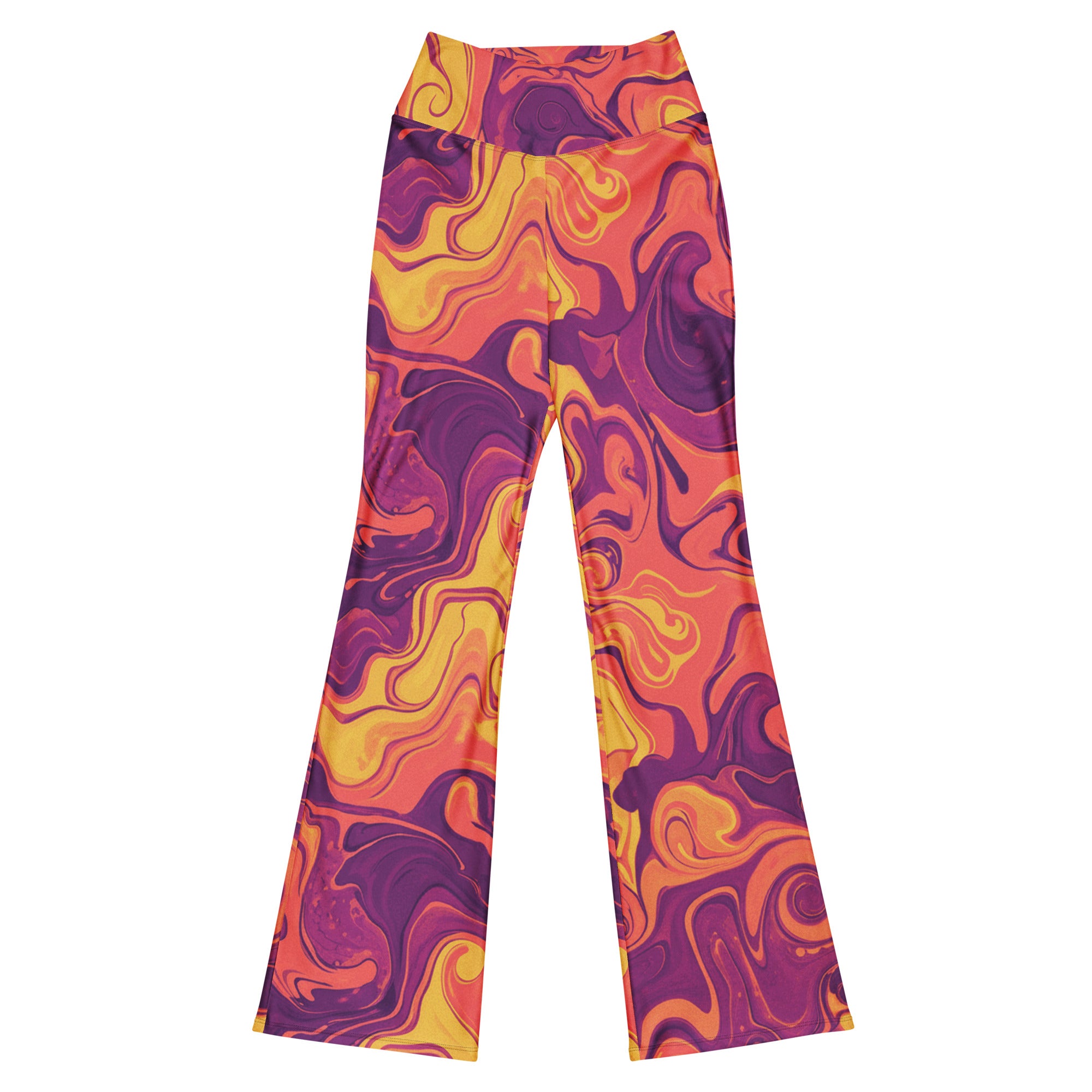 Liquid Marble Sunset Horizon Flare Leggings by GearBunch, featuring vivid coral, orange, and purple swirls.
