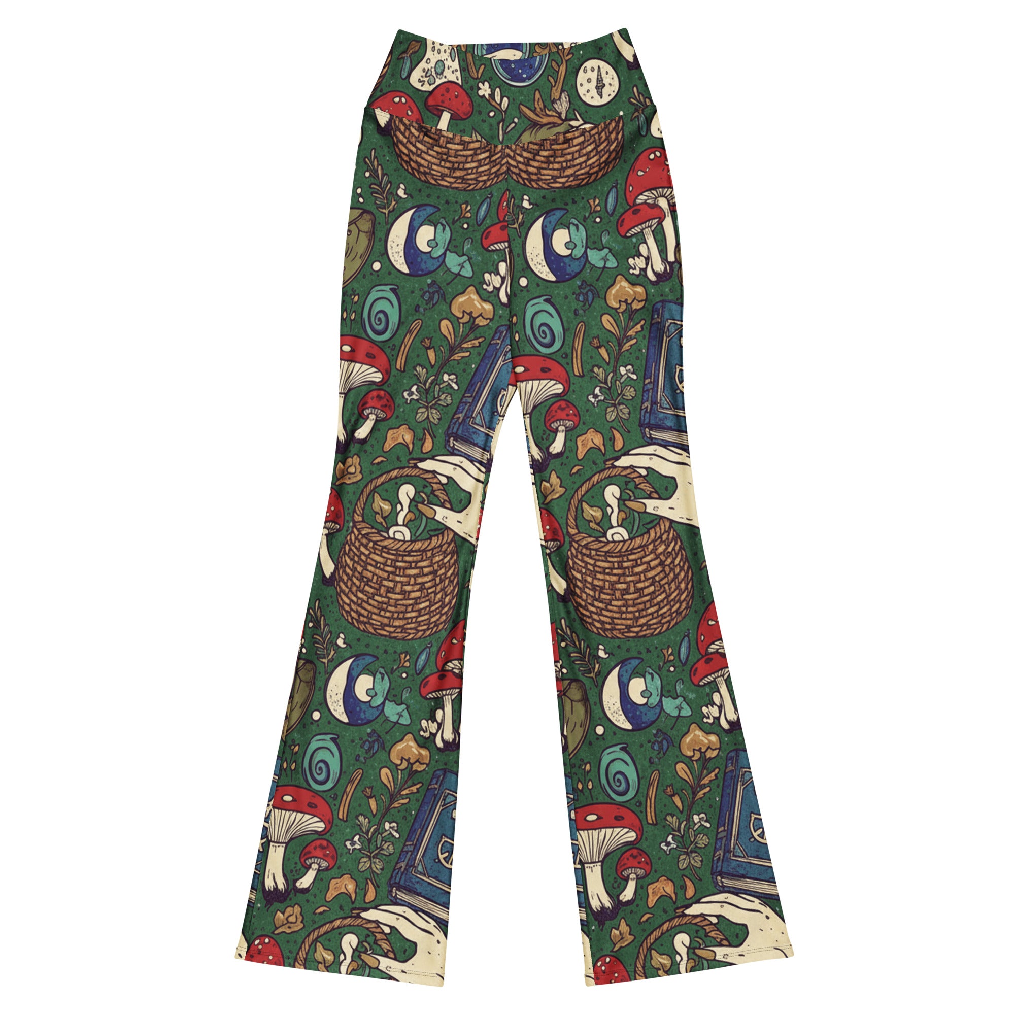 Woman posing in Mushroom Foraging Witch Flare Leggings by GearBunch, featuring mystical forest print.