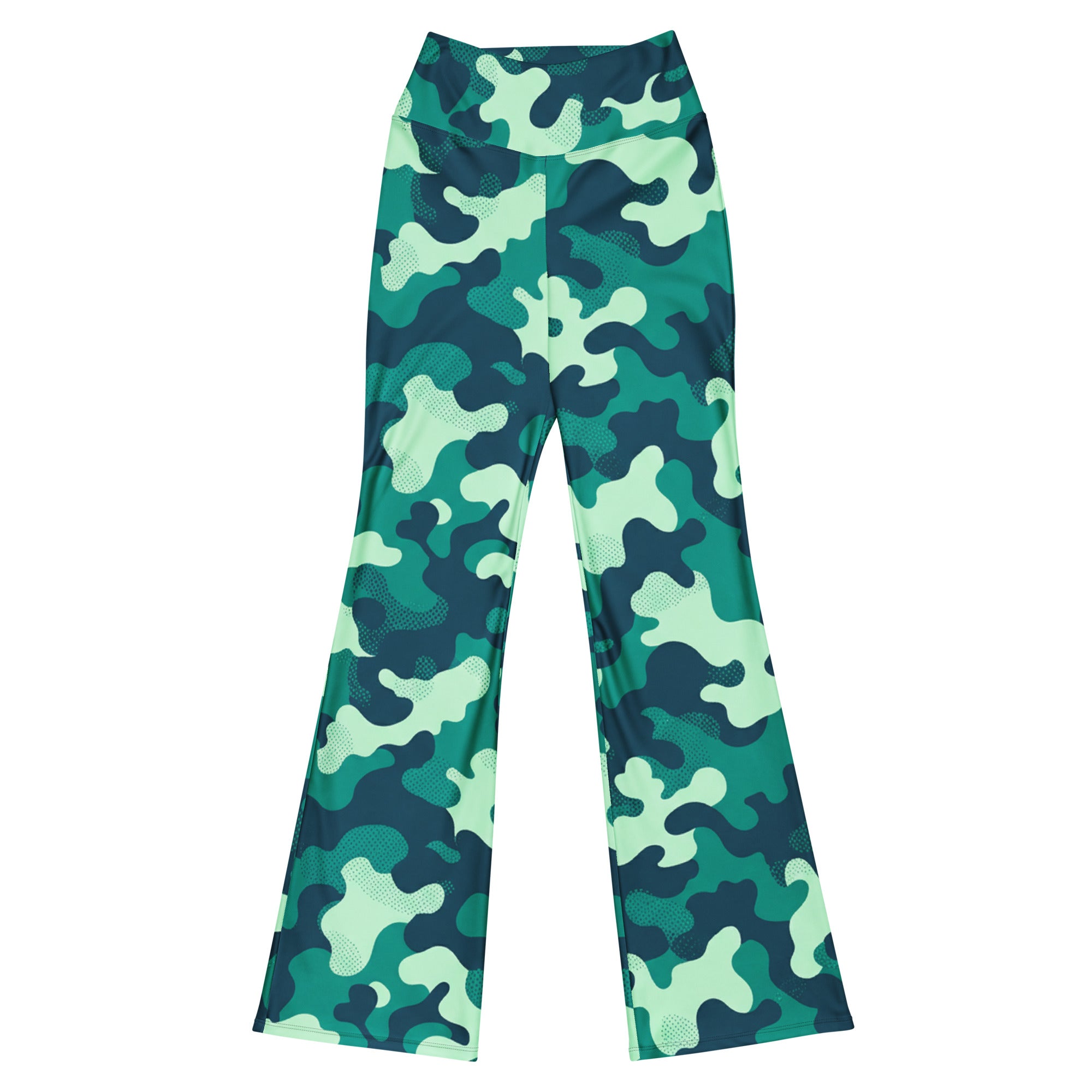 Main product image of a woman wearing Ocean Teal Camo Flare Leggings by GearBunch, showing vibrant ocean-inspired pattern.