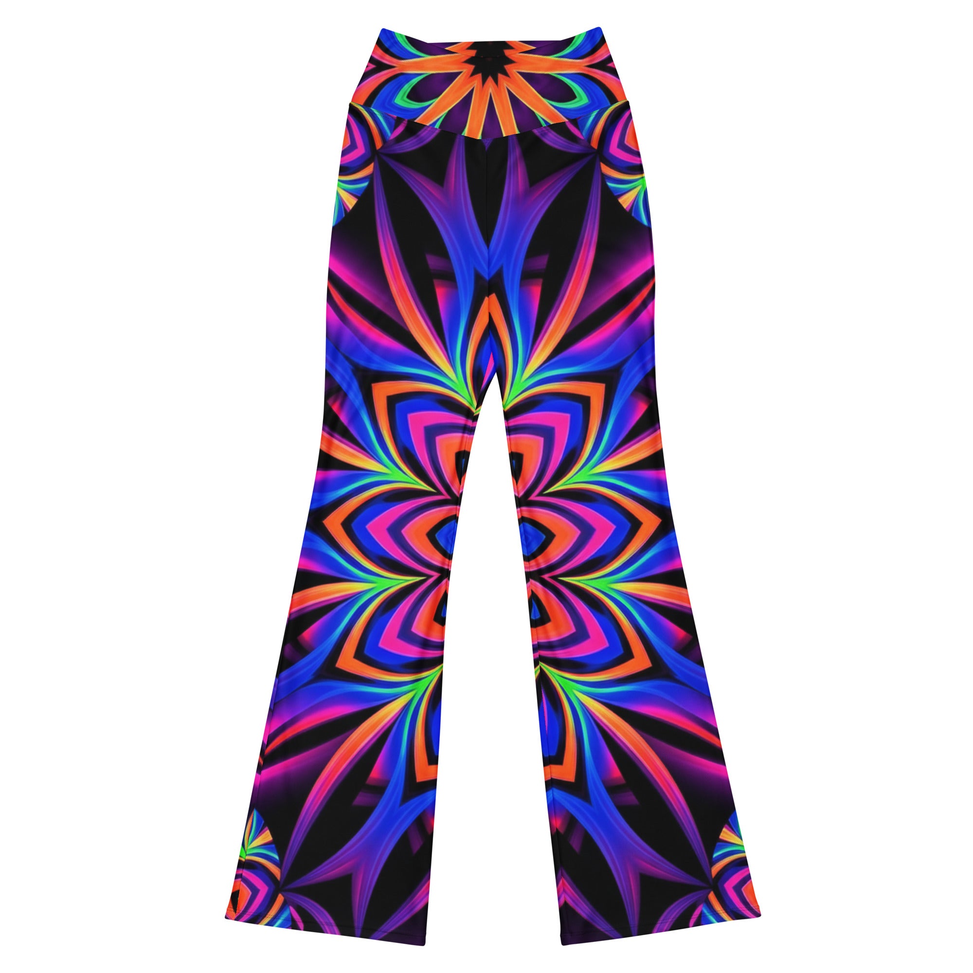 GearBunch Psychedelic Blacklight Flare Leggings with neon pink, blue, green, orange glowing on black
