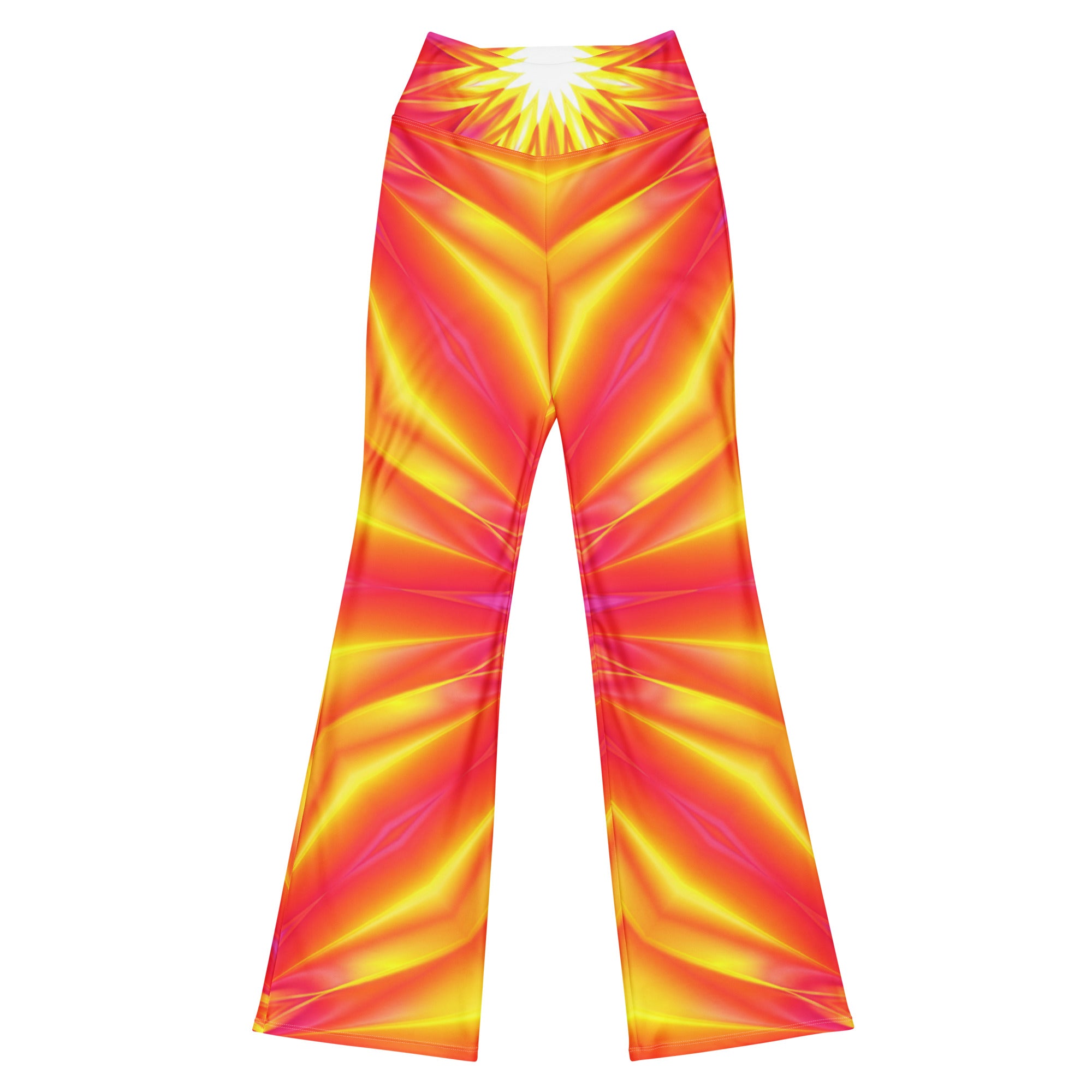 GearBunch Psychedelic Solar Flare Flare Leggings. Vibrant neon fractal design with radiant yellow, orange, red, magenta, and a brilliant white center.