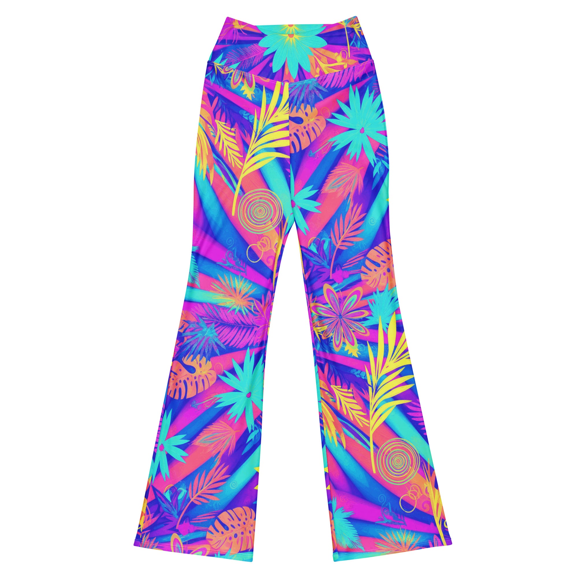 Psychedelic Tropical Laser Flare Leggings by GearBunch, featuring neon green, electric pink, and turquoise rays