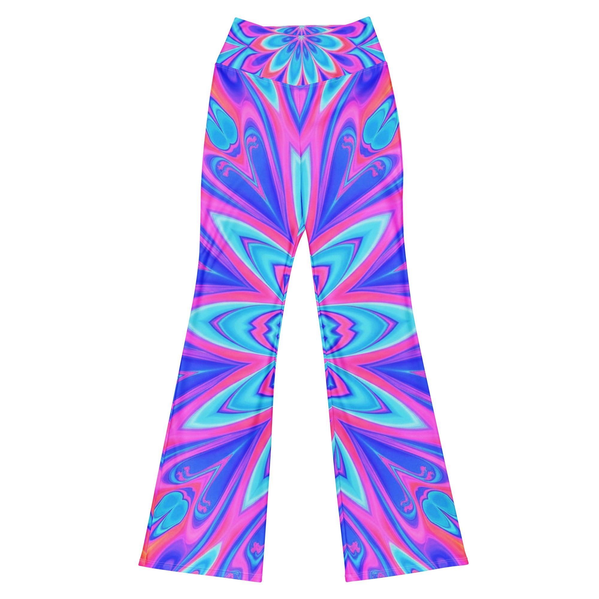 GearBunch Psychedelic Vaporwave Dream Flare Leggings with neon fractal radial burst design.